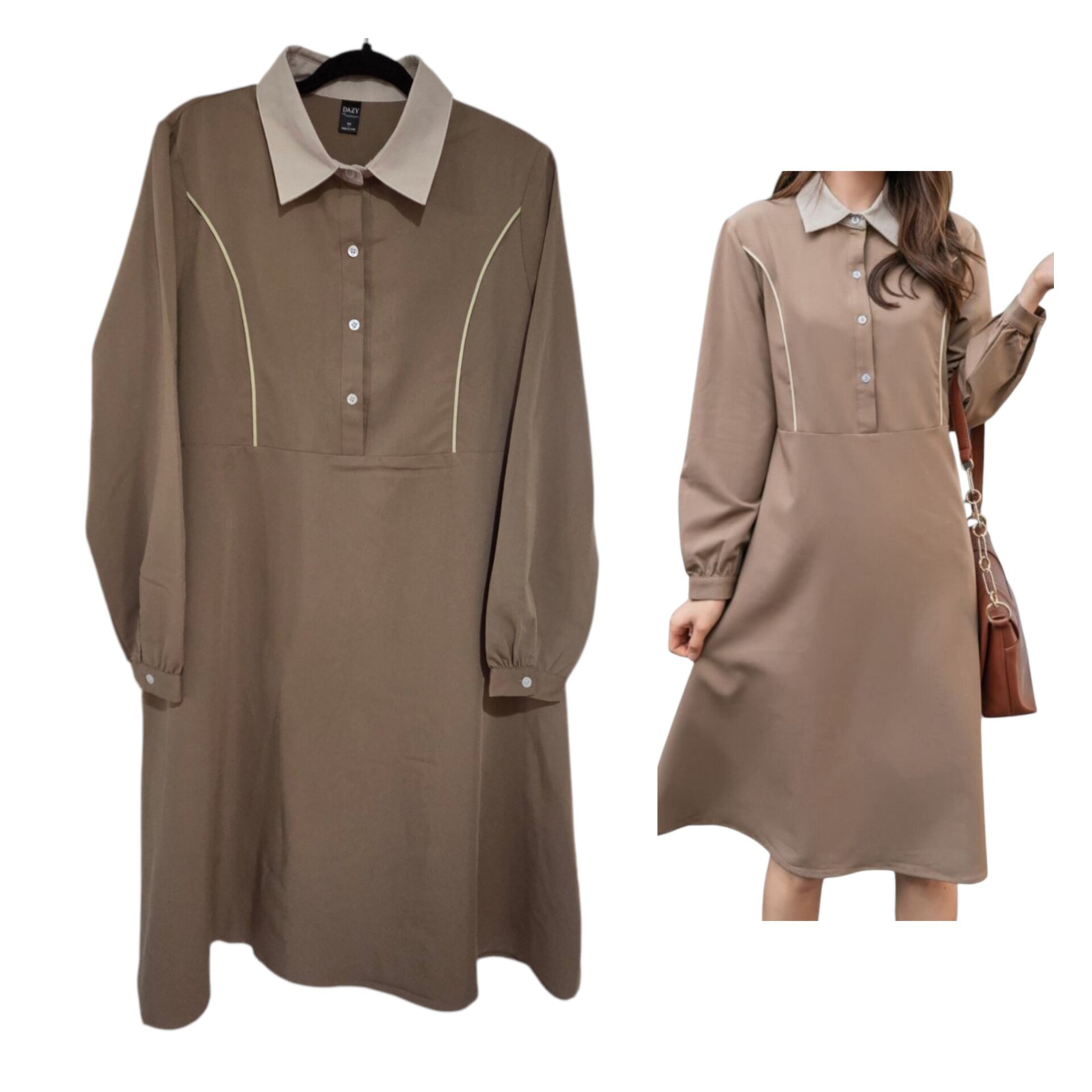 Dazy Tan Beige Contrast Collar Midi Shirt Dress Size L Long Sleeve Rayon Blend