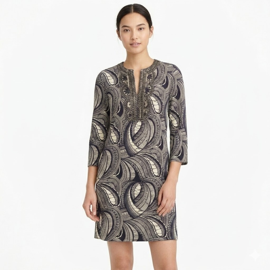 Tory Burch Tunic Dress Women Size 6 Navy Cream Embellished Sequin Swirl Shift 6