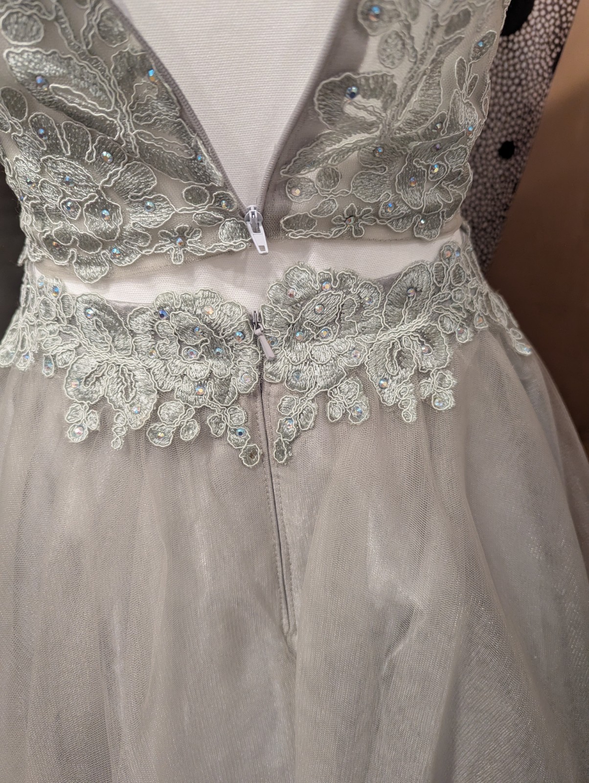 May Queen Size 12 Gray Beaded Embroidered Tulle V-Neck A-Line Knee Dress