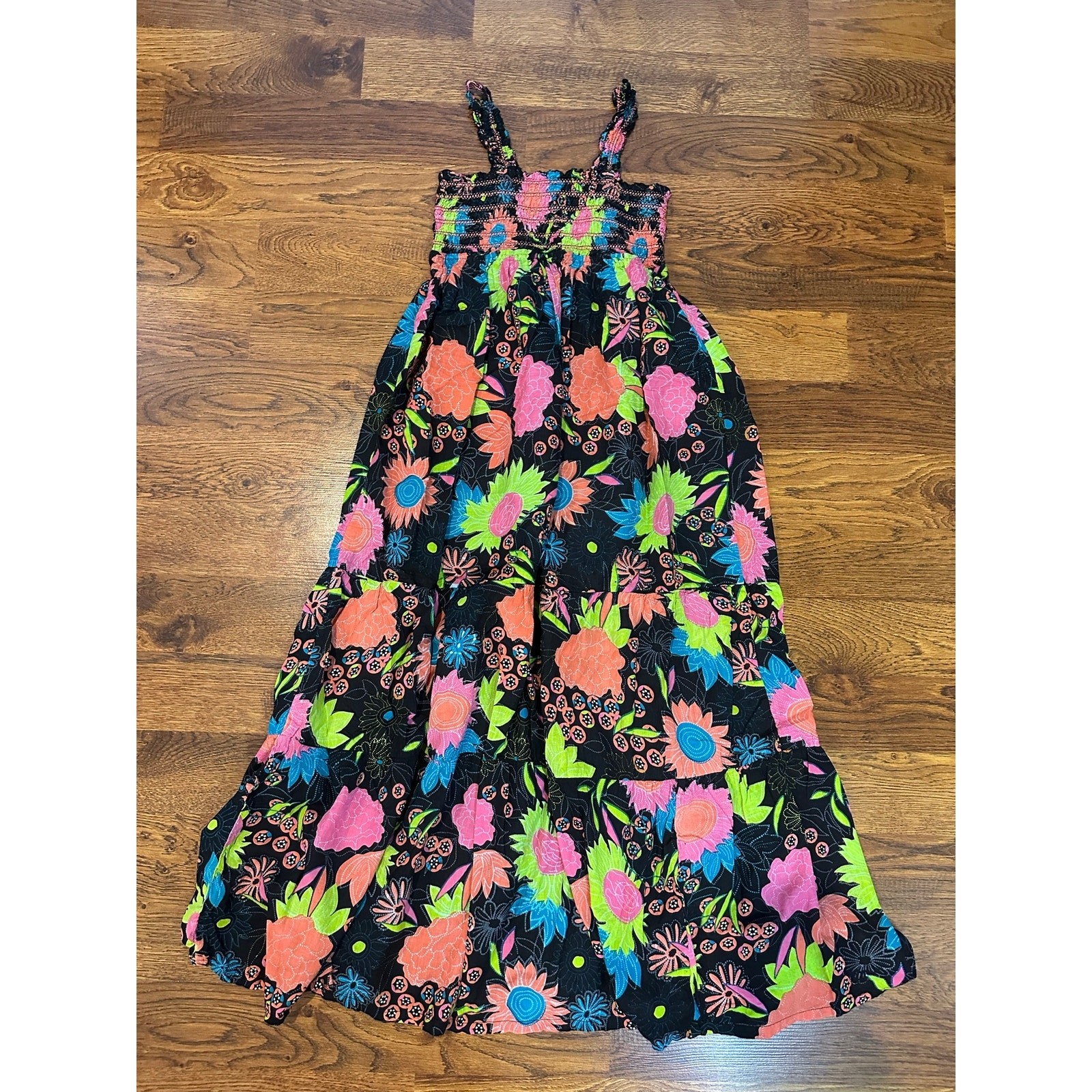 Energie Smocked Floral Maxi Dress Women’s Large Black Cotton Boho Summer