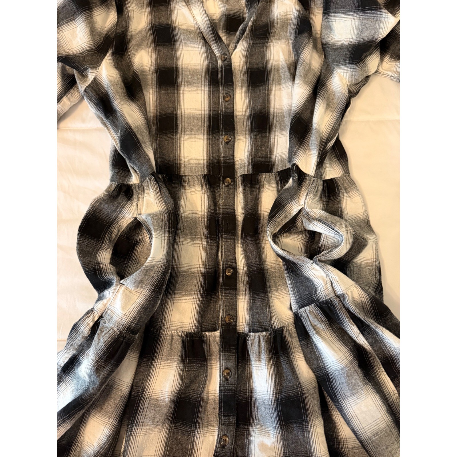 Black White Buffalo Plaid Button Front Tiered Midi Dress Long Sleeve with Pocket