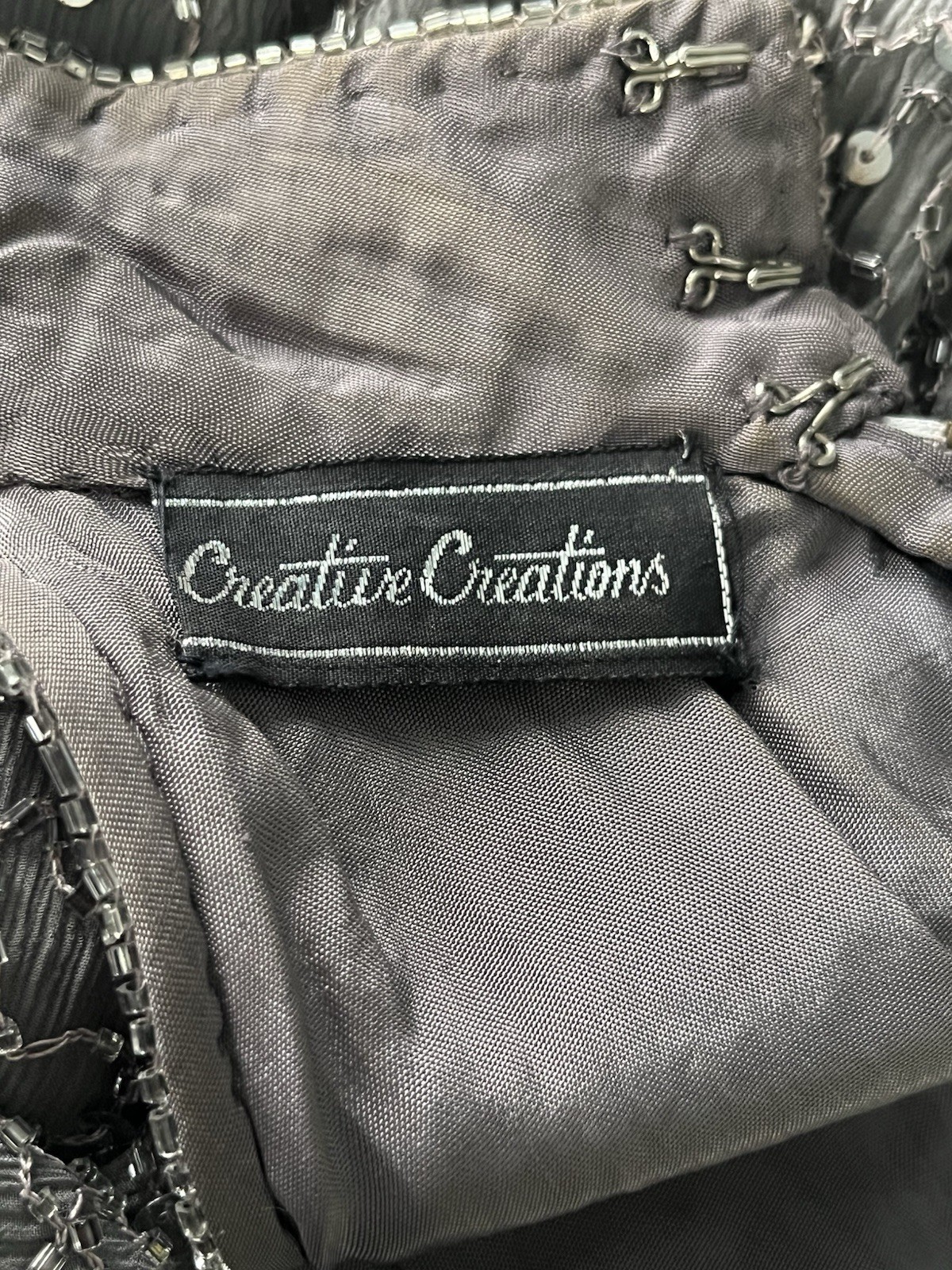Creative Creations Beaded Silk Gown Dress Gray Sleeveless Long Sz Like S Heavy