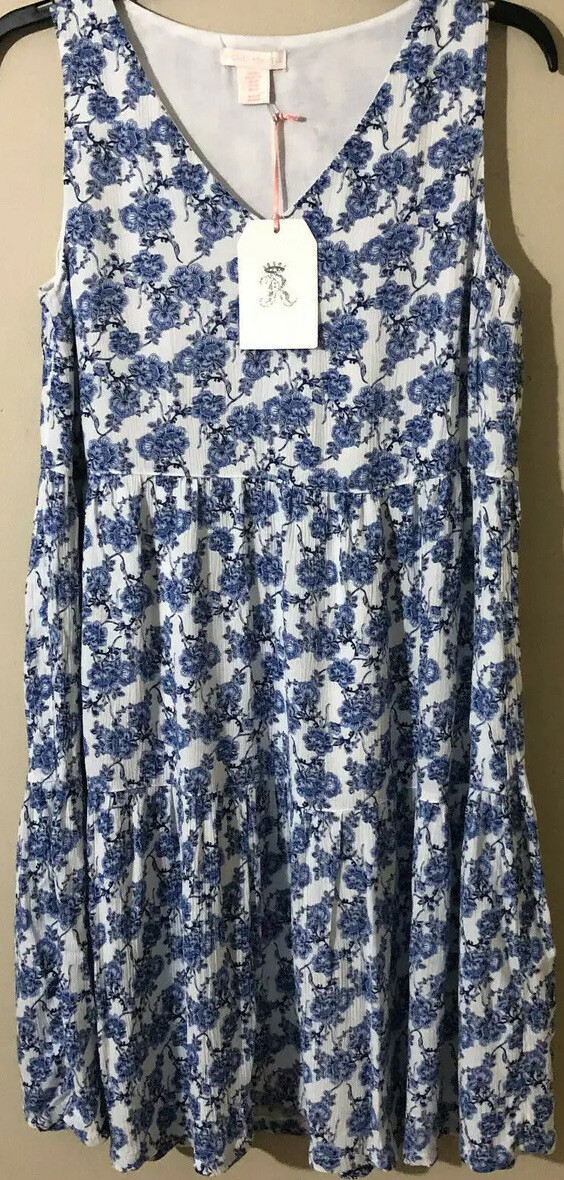 Rachel Ashwell Floral Textured Tiered Dress Oversized White/Blue Size XS-S NWT