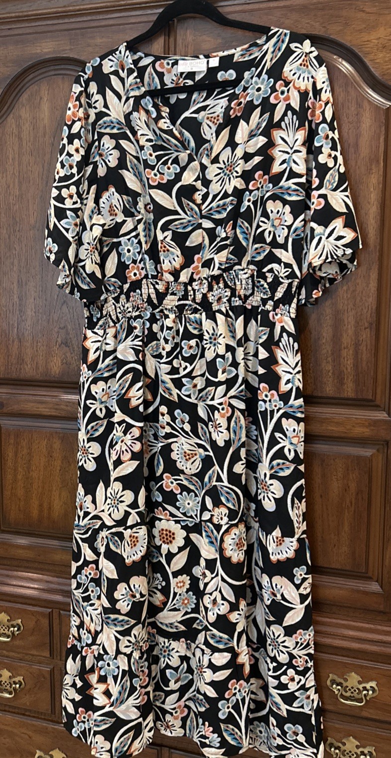 Belle Boho Kim Gravel Tiered Flutter Dress Sz XL Black Floral A655135 Women