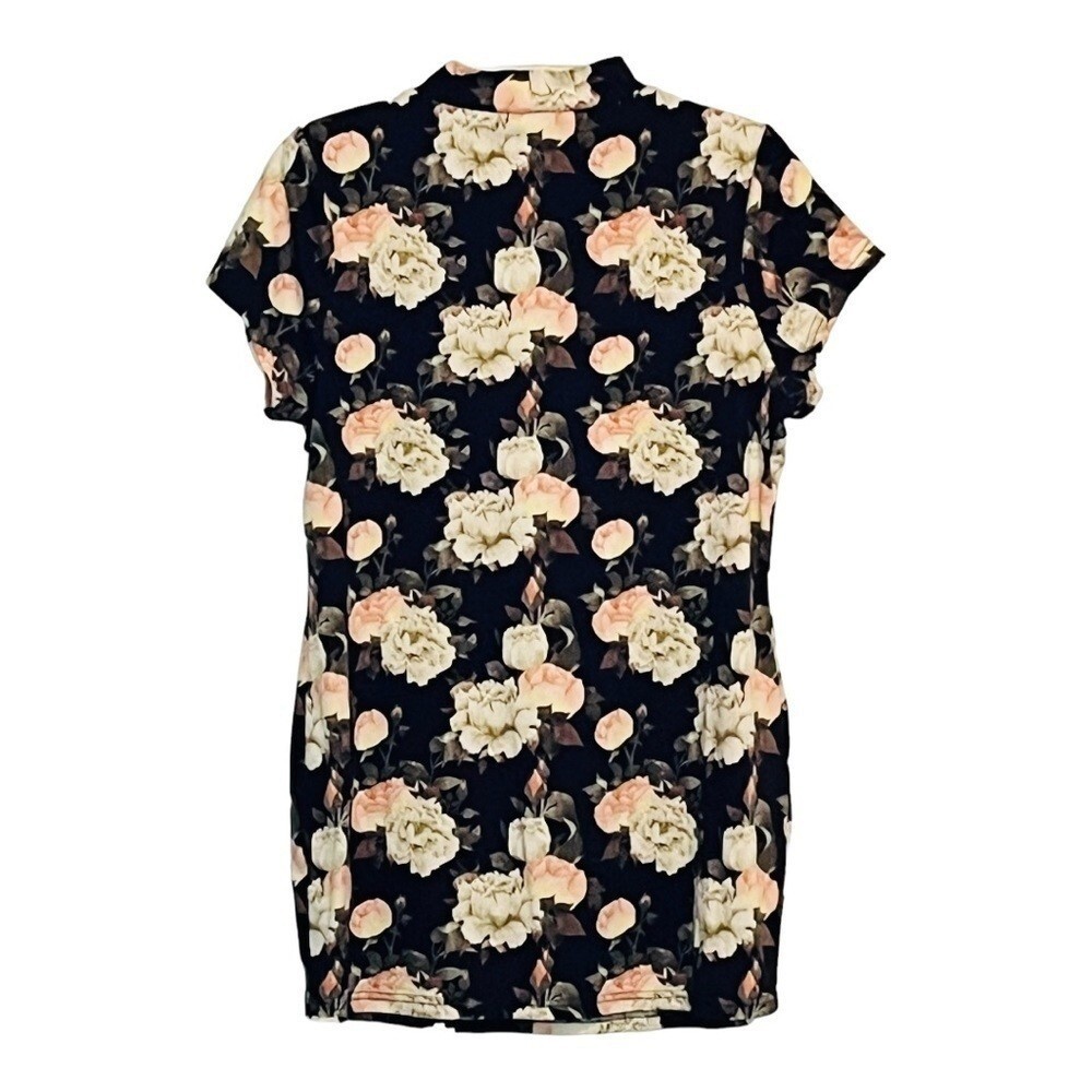 DICE SOFT BLACK FLORAL ROSE PRINTED MINI SHIRT DRESS MOCK NECK KEYHOLE SIZE XL
