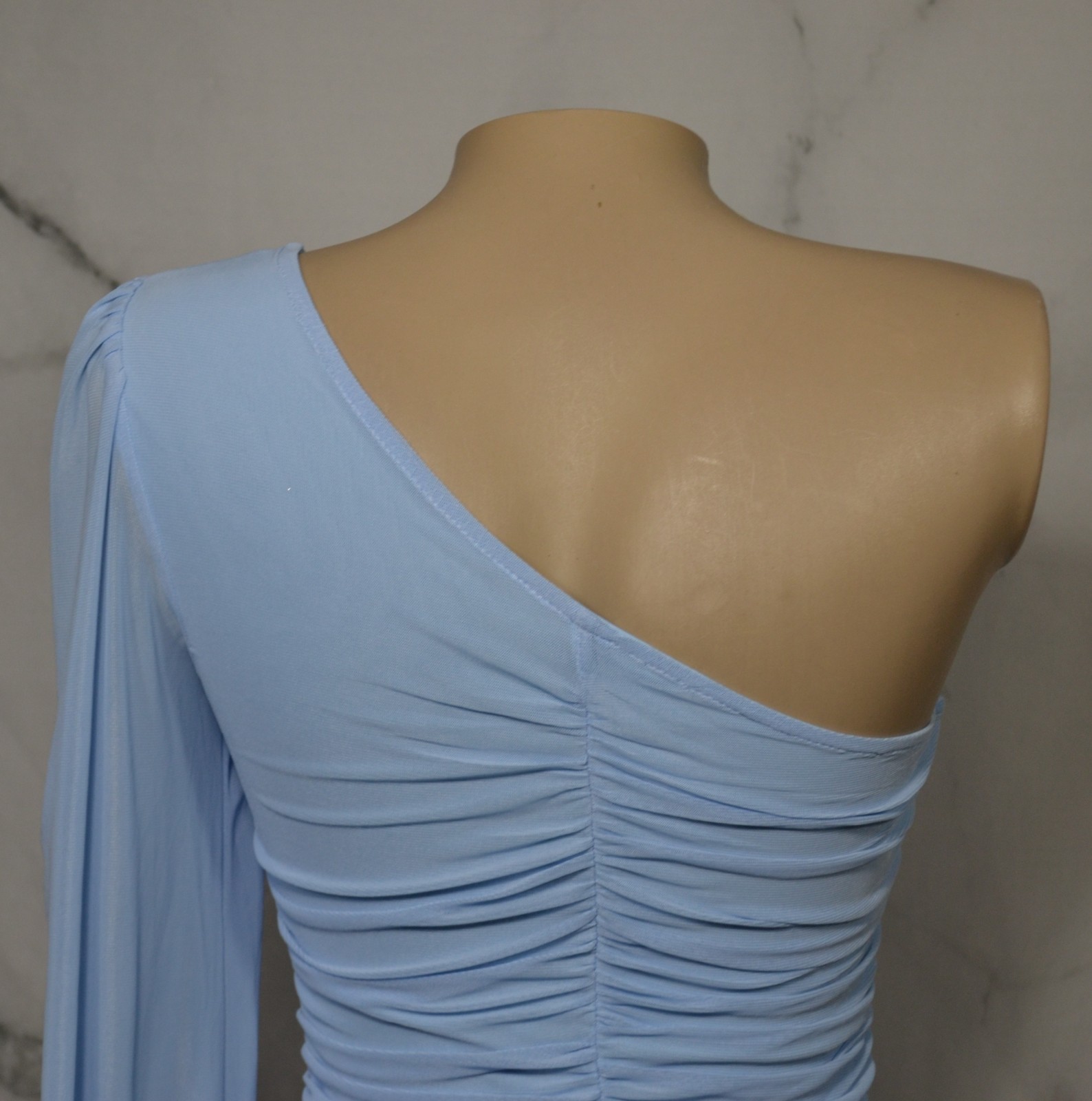 SHEIN Light Blue One Shoulder Long Sheer Sleeve Ruched Dress Small Lined