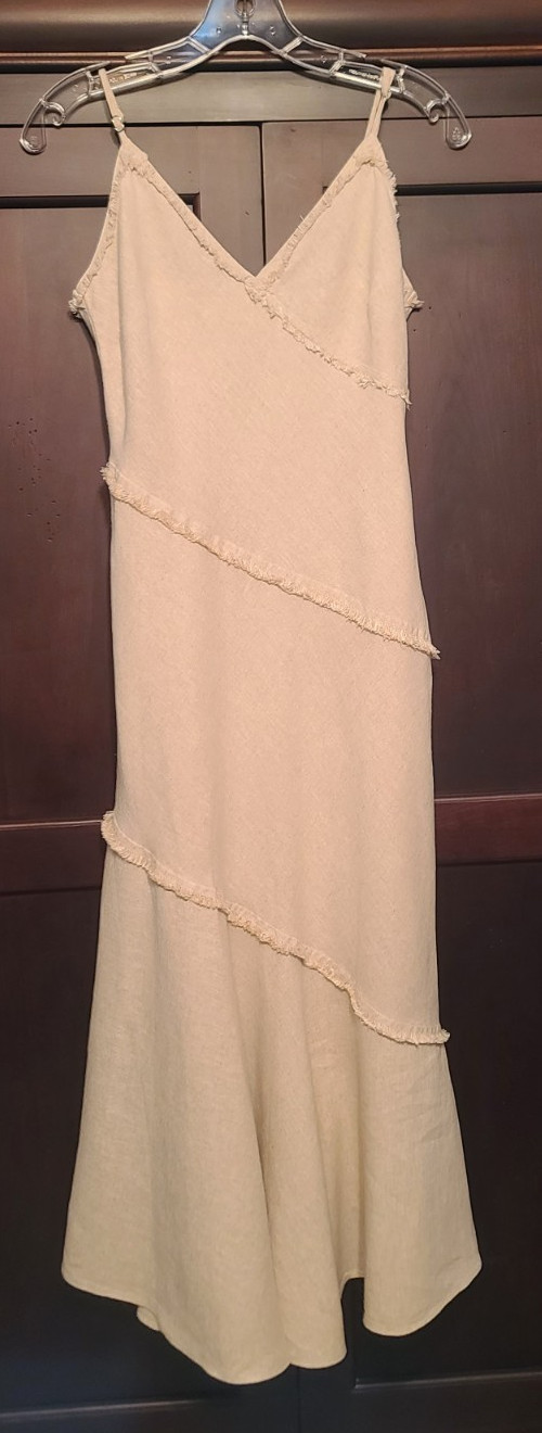 Banana Republic Tan Linen Blend Dress Lined Size S Ankle Length Tiers/Fringe NWT