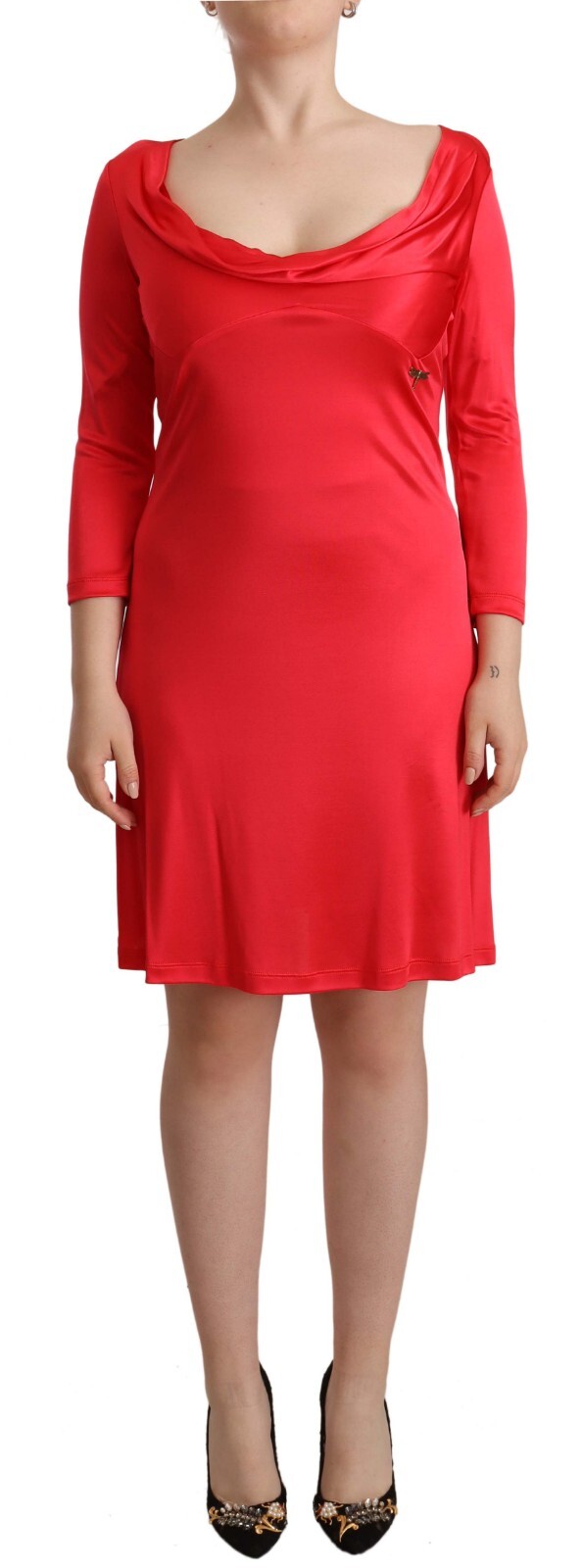 GALLIANO Dress Red Viscose 3/4 Sleeves Deep Round Neck Sheath IT42/US8/M $500