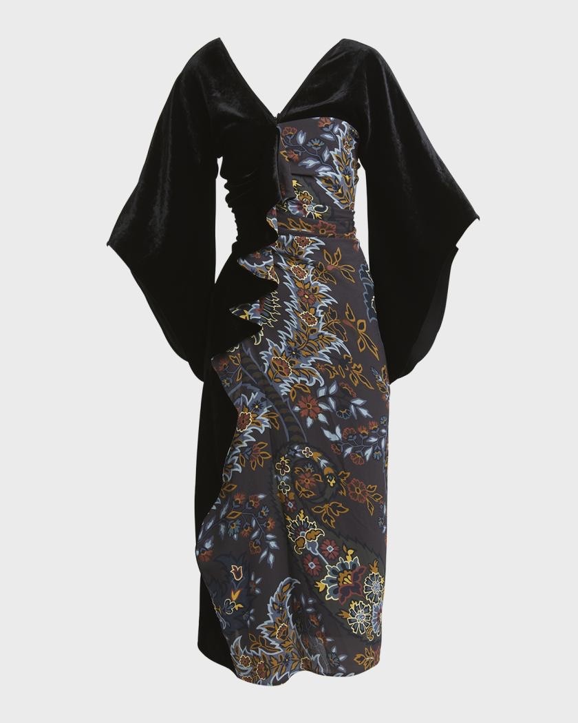 This is an Etro Winter Garden Paisley-print midi dress featuring draped ruffle