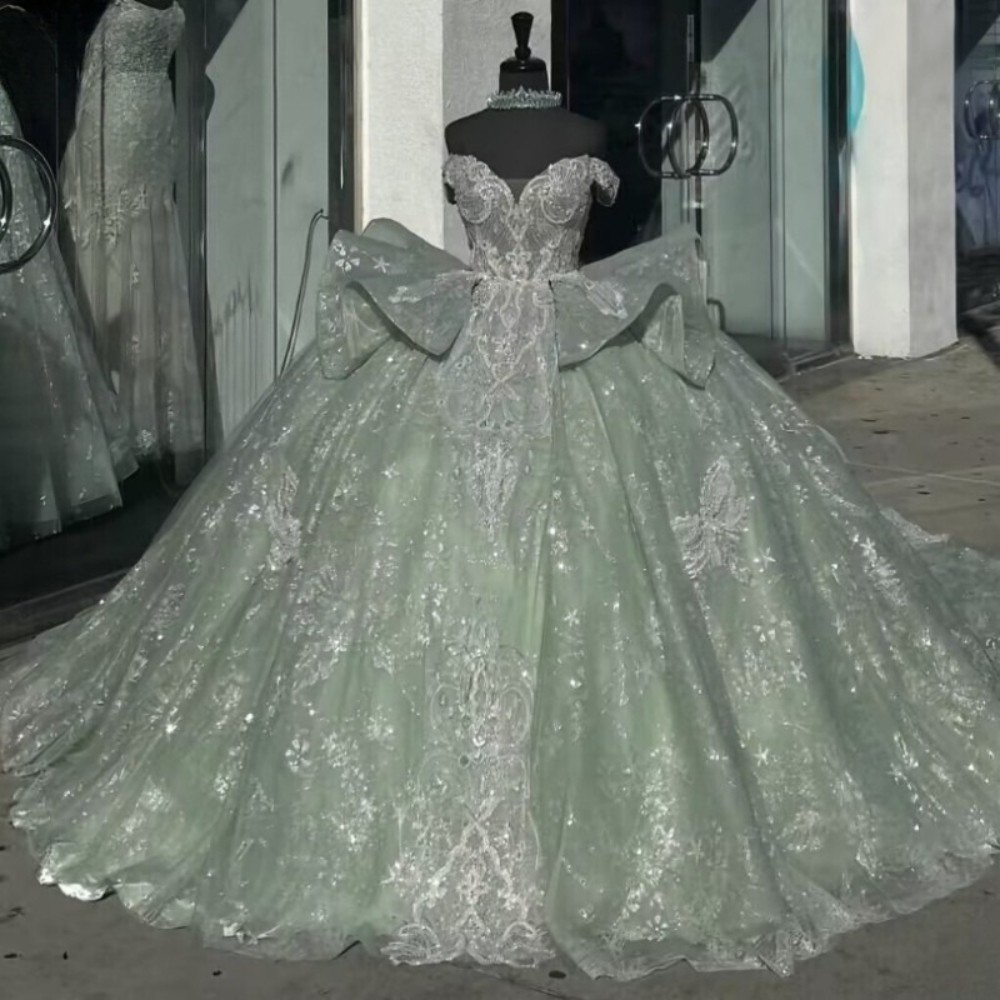 Green Glitter Quinceanera Dresses For Birthday Sweet 15 16 Party Ball Gowns