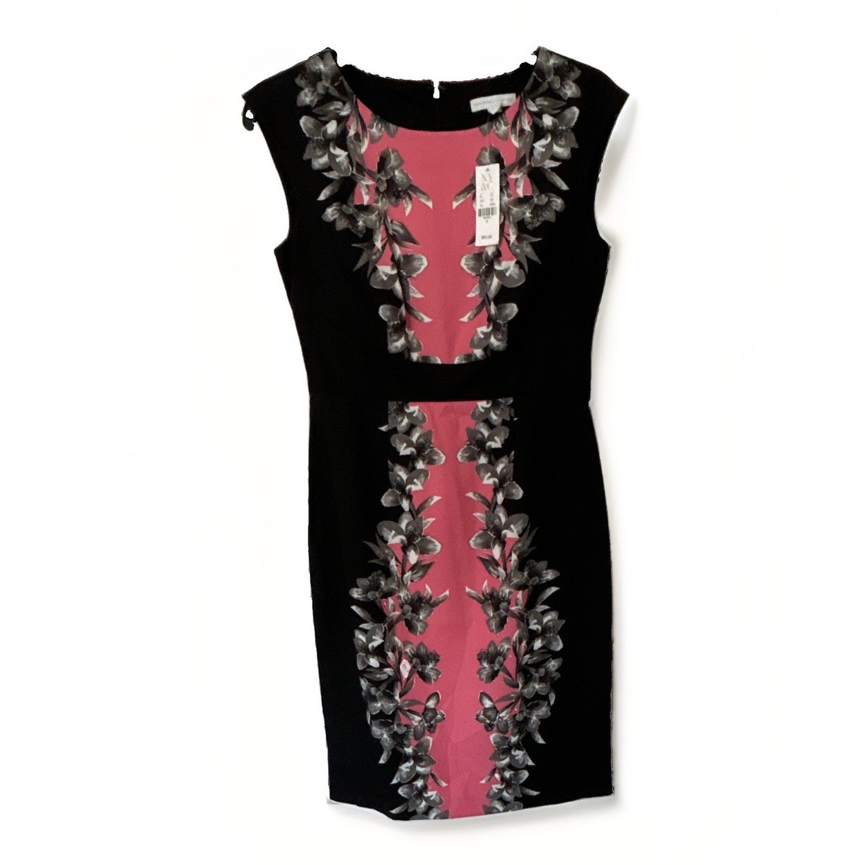 NY&Co Women’s Sheath Dress V-Neck Sleeveless Black/Pink Floral Knee Length Size0