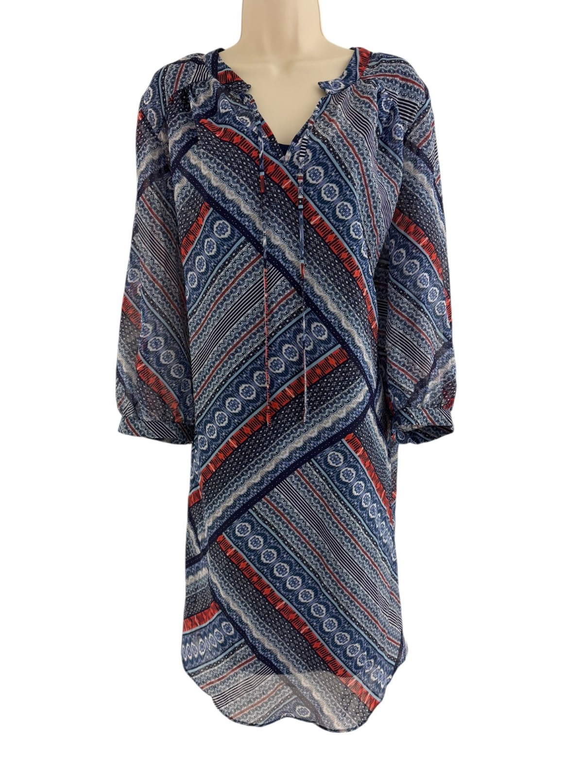 AGB Blue Print Chiffon Shift Tunic Dress Size 18W Plus 3/4 Sleeves All-Season