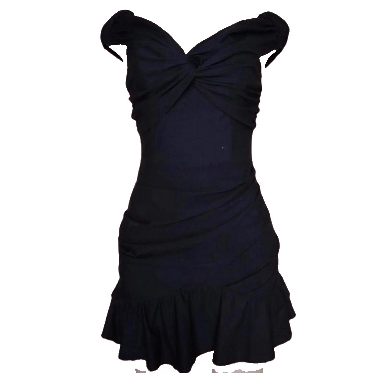 PrettyLittleThing Black Off-Shoulder Ruched Ruffle Hem Mini Dress, Women 4