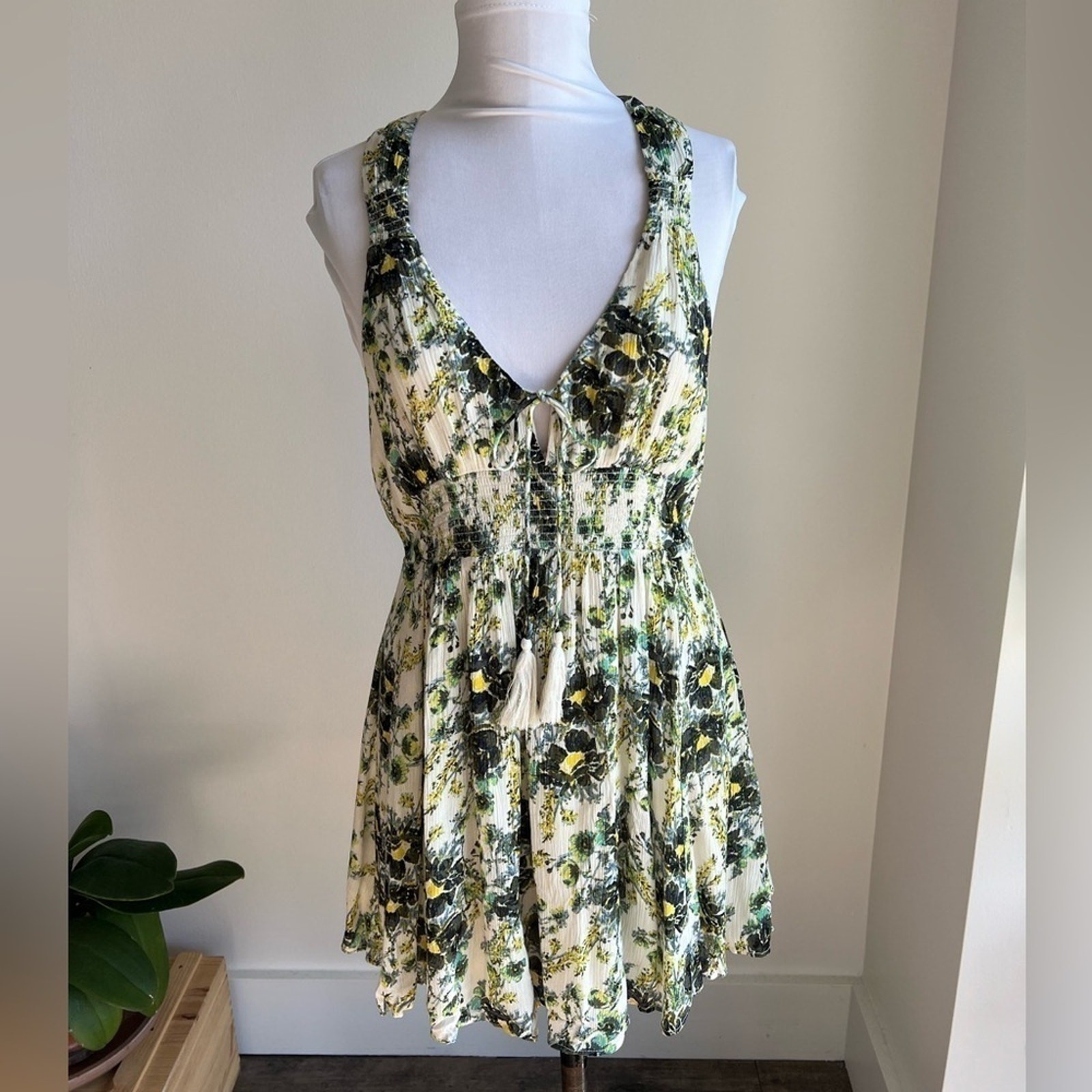 Free People Washed Ashore Floral Print Mini Dress Boho Ivory Green Women Size M