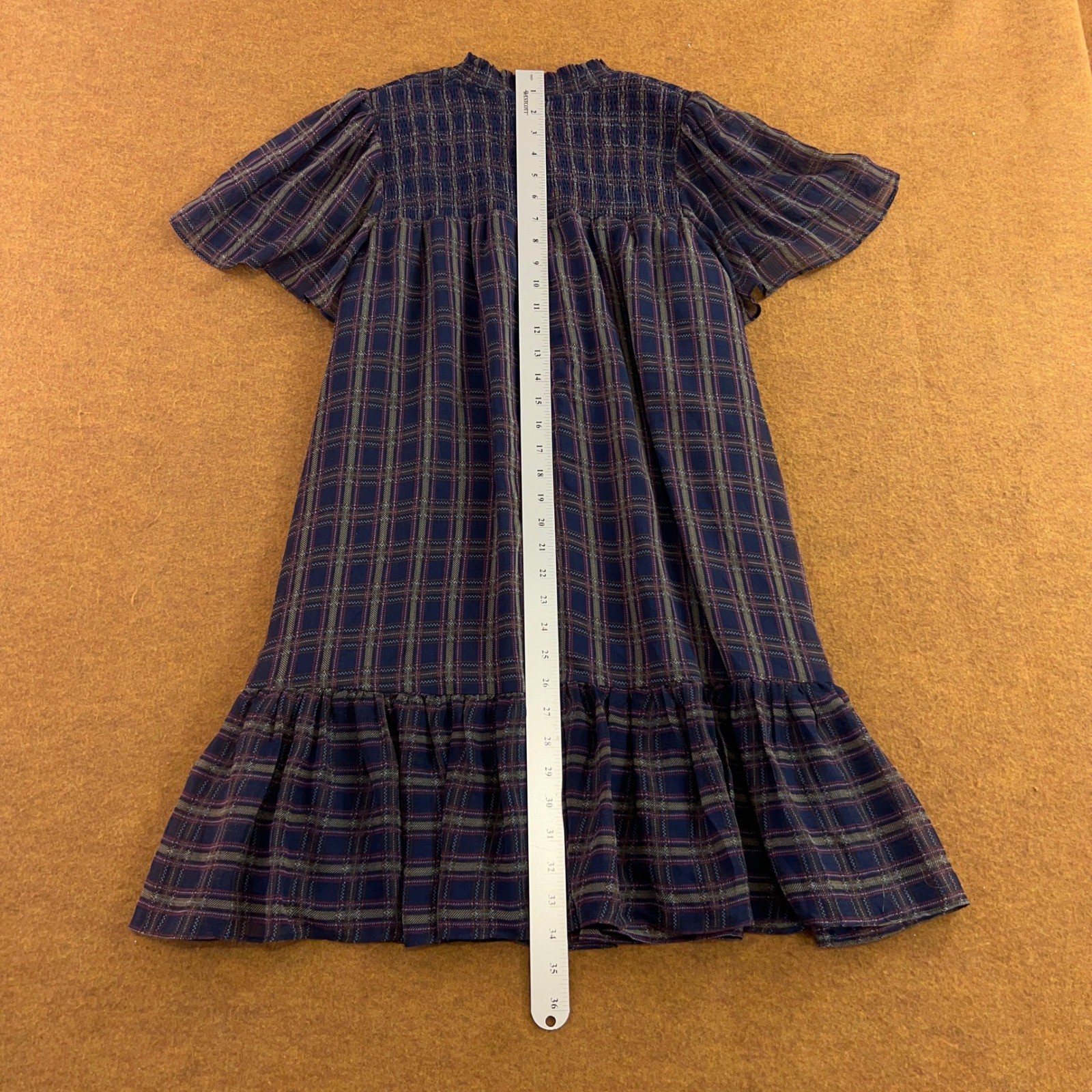 AQUA Womens Large Navy Plaid Smocked Ruffle Mini Dress NWT