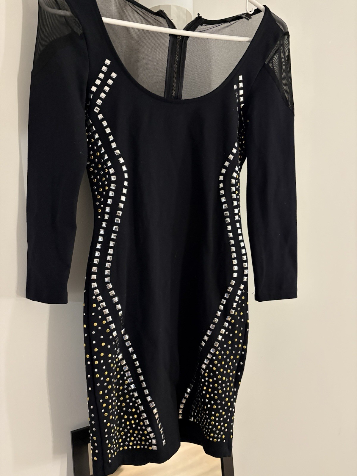 bebe Bodycon Mini Dress Sheer Mesh Yoke Studded 3/4 Sleeve Black S/P