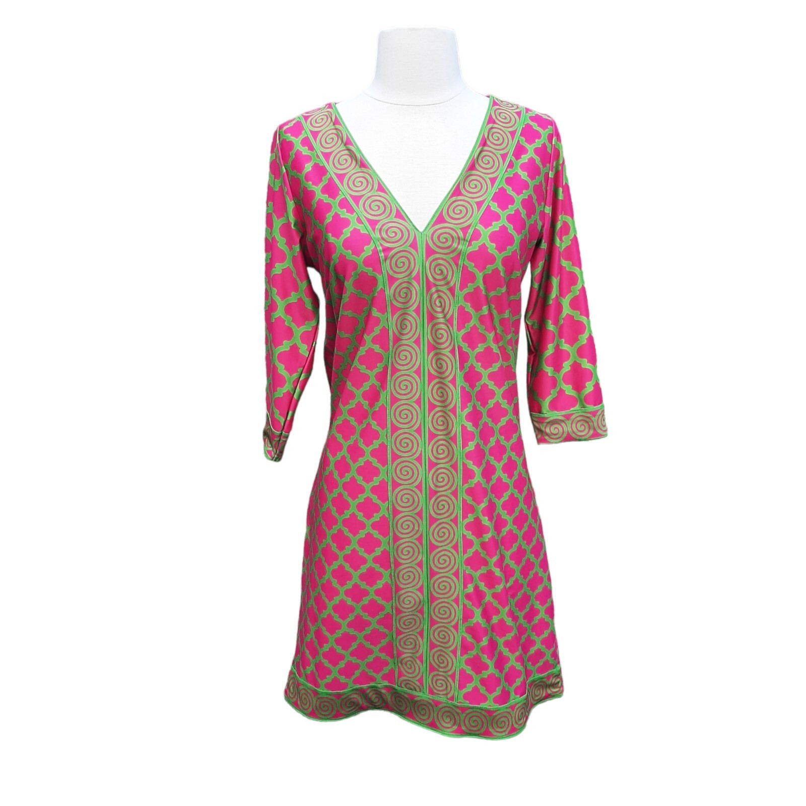 S Gretchen Scott 3/4 Sleeve Pink & Green Mod Shift Dress Retro 50s 60s 70s Retro