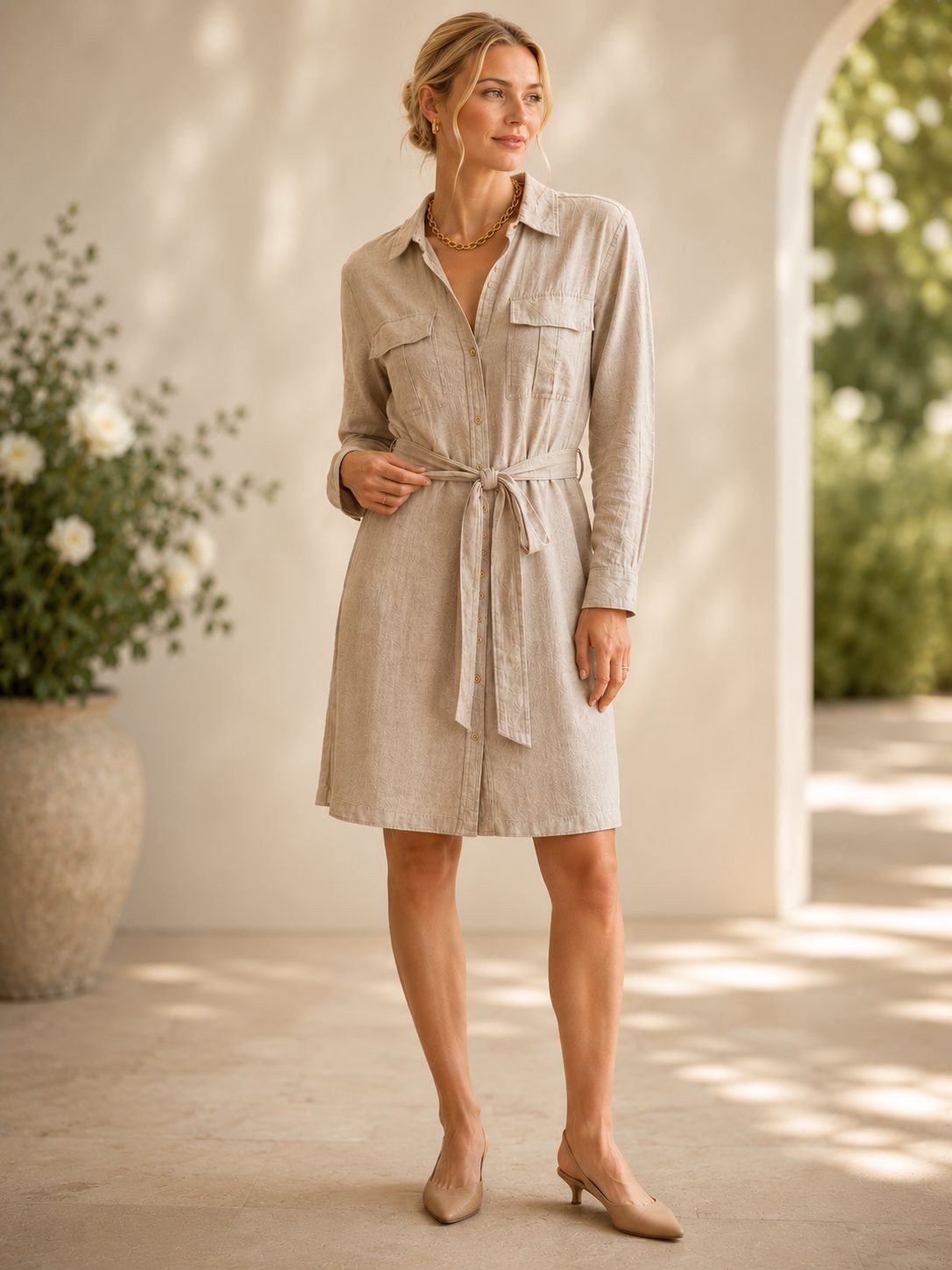 Michael Kors Linen Blend Shirt Dress Large Beige Belted Button Front NWOT
