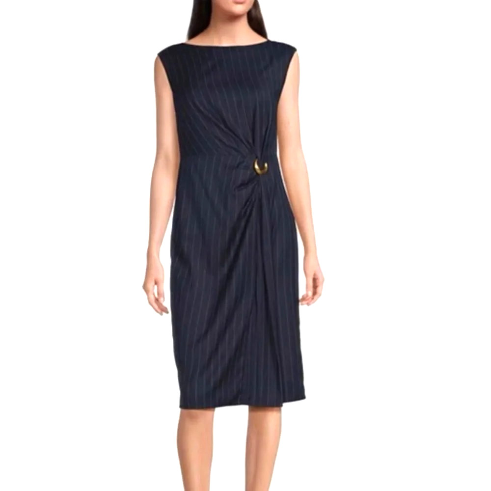 Donna Karan Women Dress Size 8 Blue Pinstripe Sleeveless Sheath Ruched O Ring