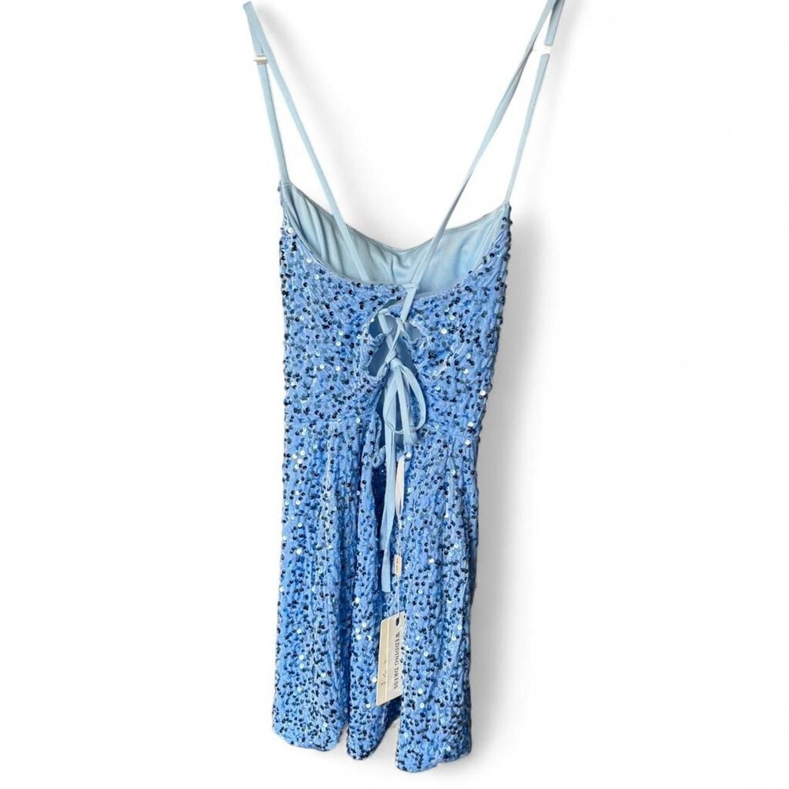 Blue sequin midi dress with adjustable straps and tie back. NWT Size 6