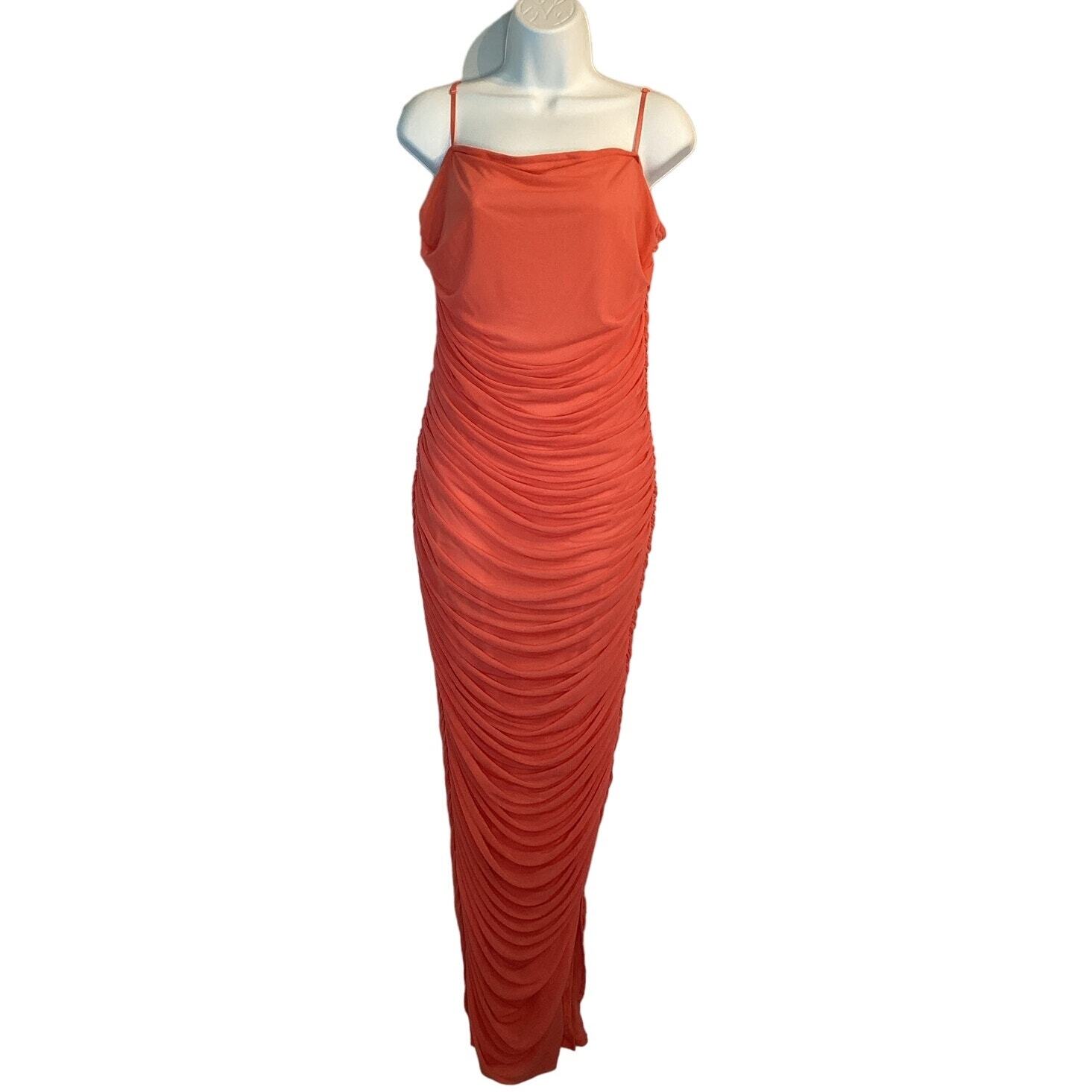 Venus Ruched Mesh Fitted Bodycon Maxi Dress Coral L