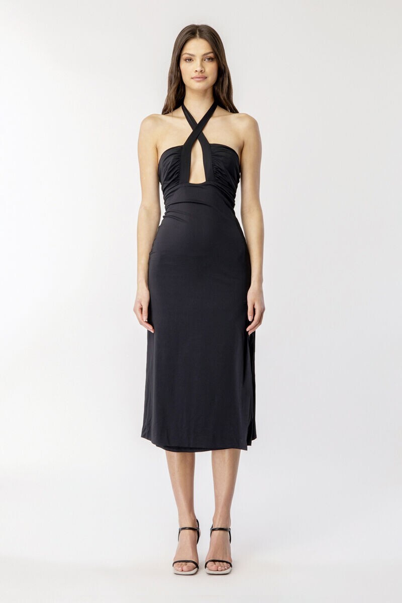 BARDOT Guilia Midi Tie-Neck Halter Dress Black Hidden Back-zip side slit size 6