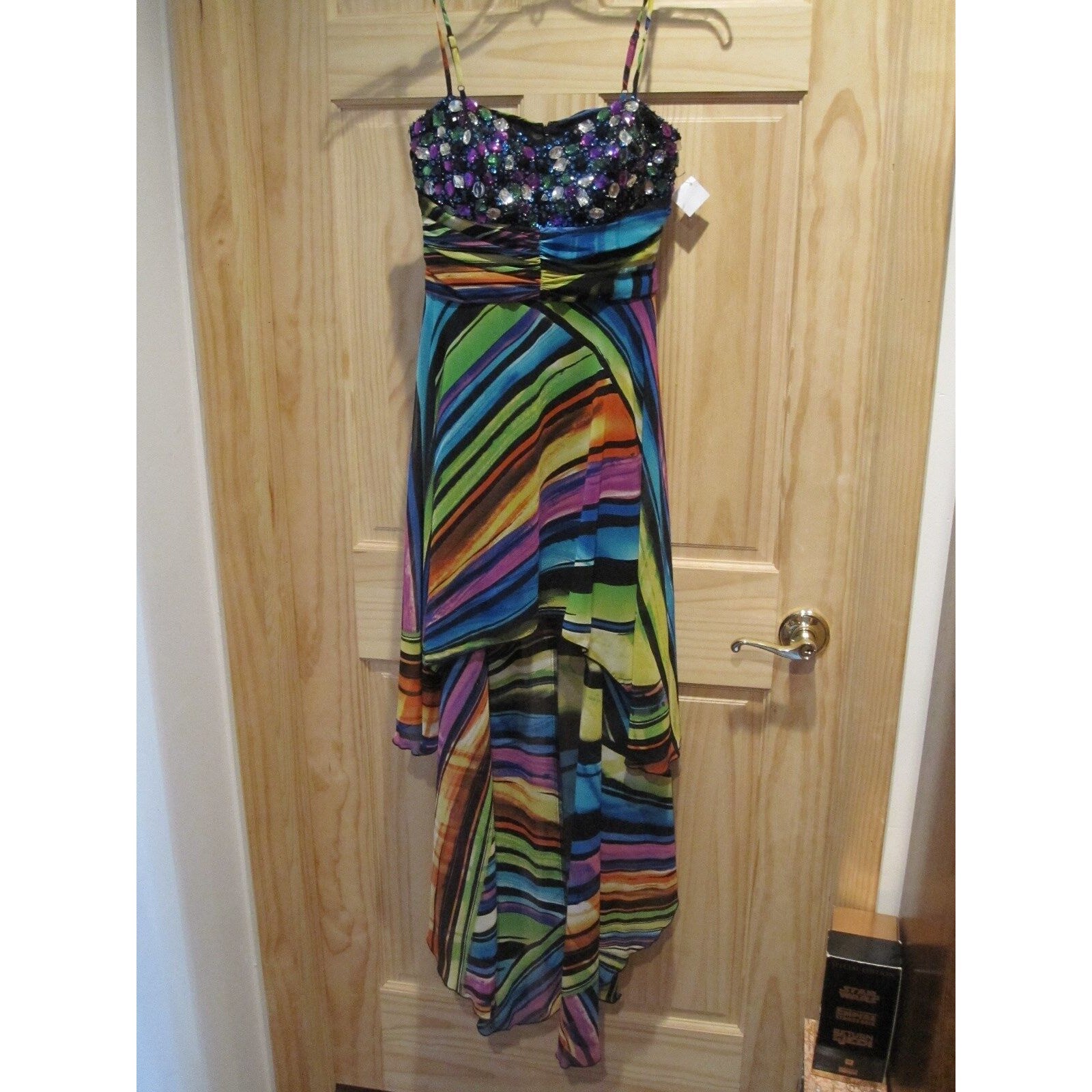 NEW deb Long/short Formal Dress Spaghetti Strap Multi Colored Rainbow 5/6 Gems!