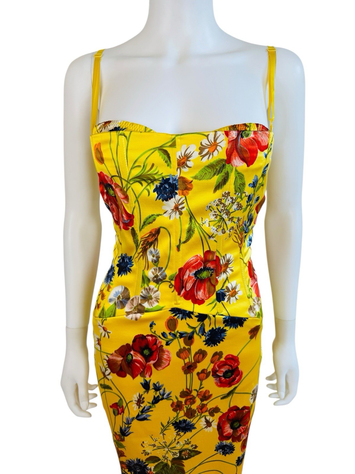 Rare Vintage 1990s Dolce + Gabbana Yellow Silk Floral Stretch Corset Dress Gown