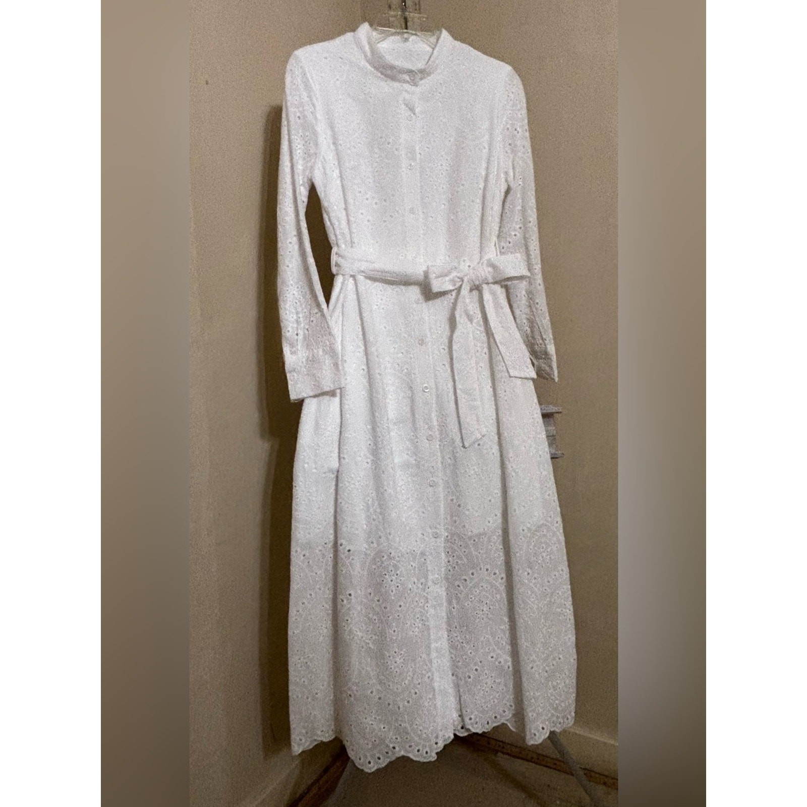 SHEIN White Eyelet Maxi Shirt Dress with Self-Tie Belt Sz S