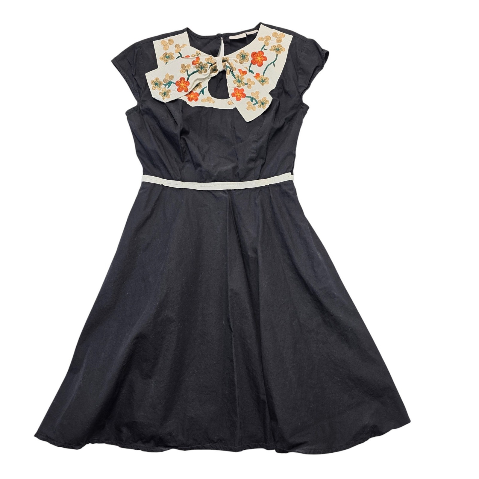eShakti Black Fit & Flare Embroidered Floral Cotton Dress Custom Size Small
