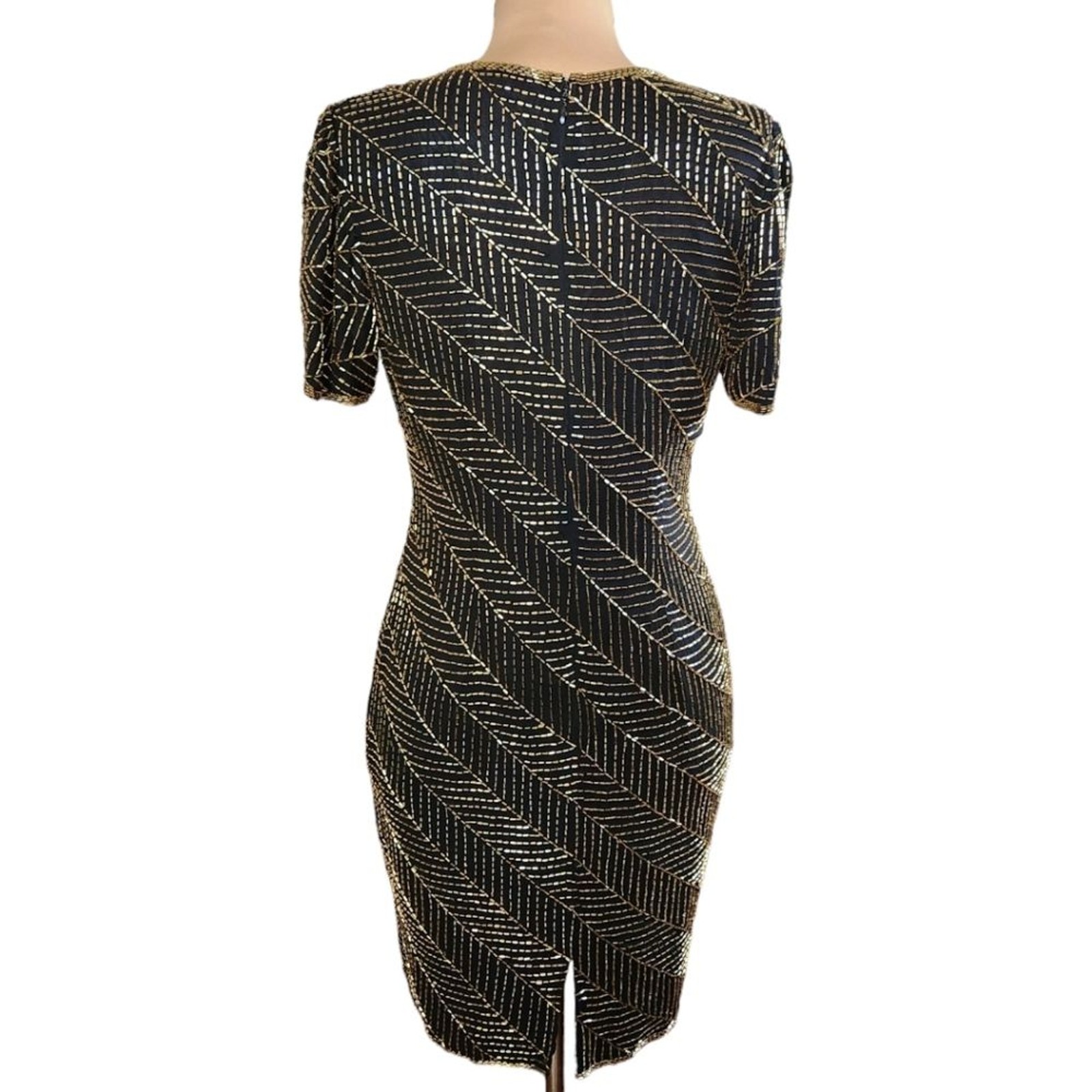 A.J. BARI Vintage 1980s Silk Beaded Sheath Dress – Size 10