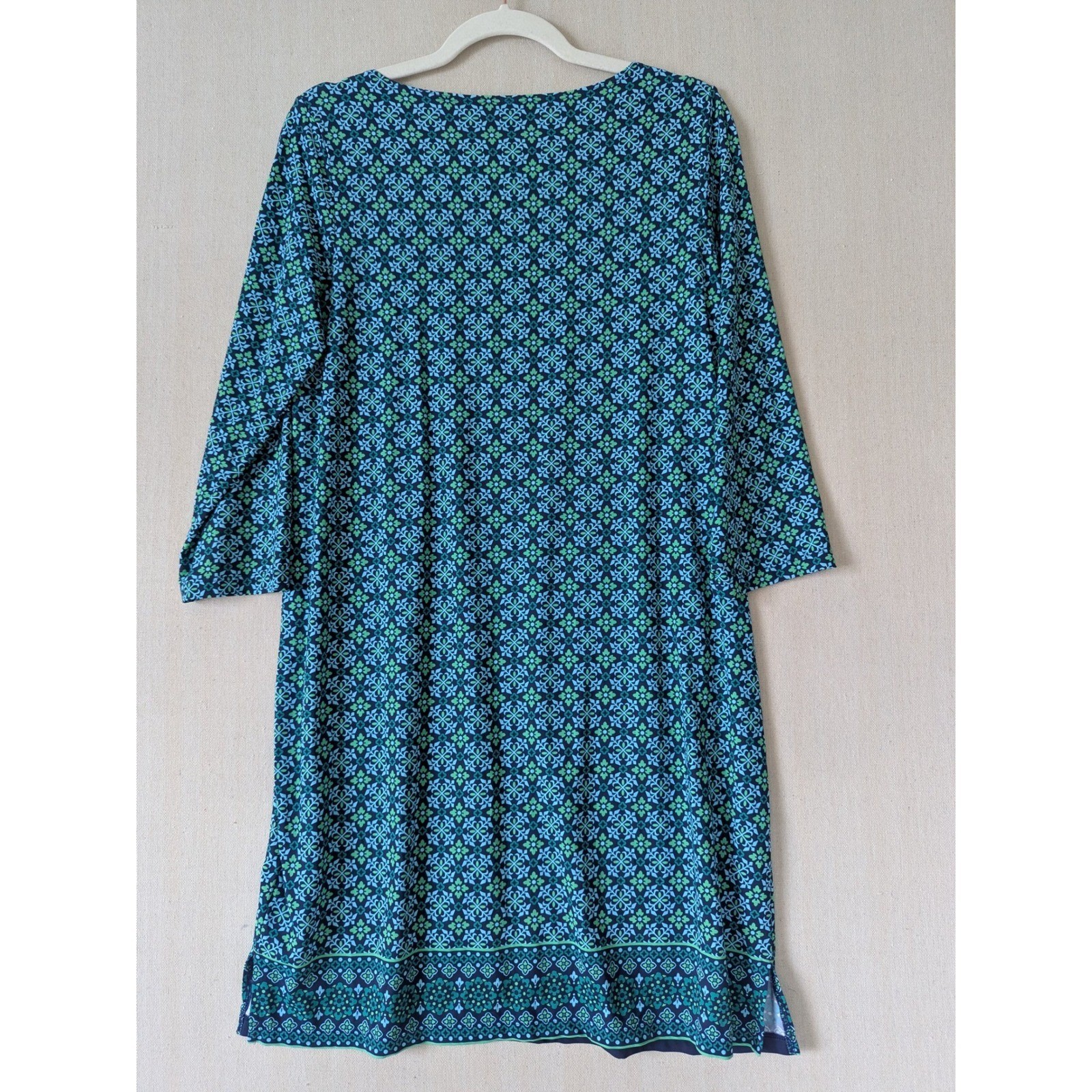 Lands’ End Blue Green Geometric Floral 3/4 Sleeve Boatneck Cover Up Dress Size M
