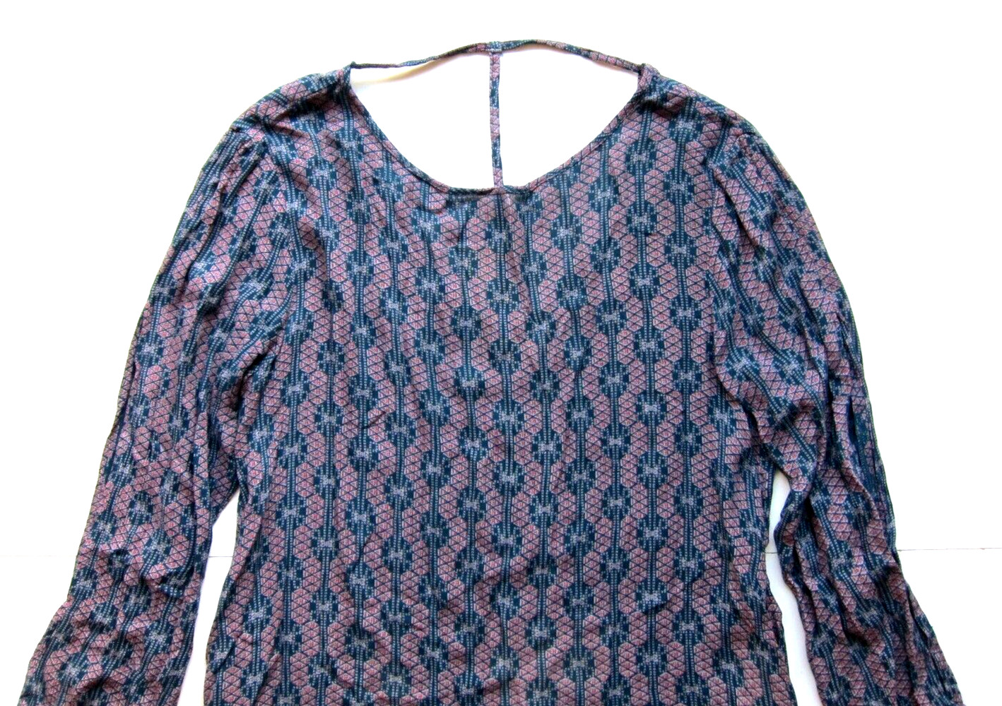 ROXY 100% Rayon Blue Green Pink Geometric Pocket Long Sleeve Tunic Shift Dress L