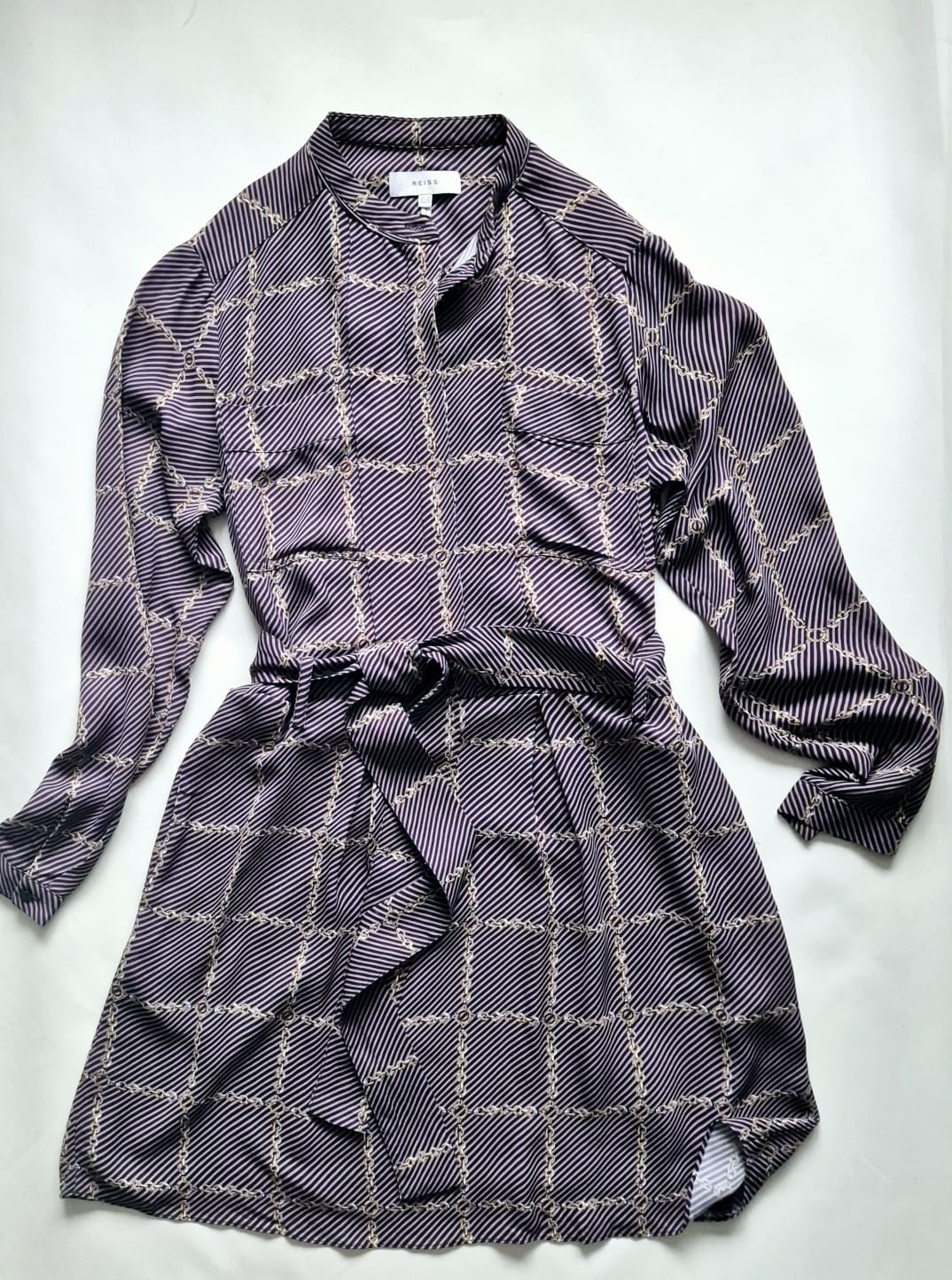 REISS Nico Chain Print Shirt Dress UK 8 Belted Viscose Long Sleeve Workwear VGC