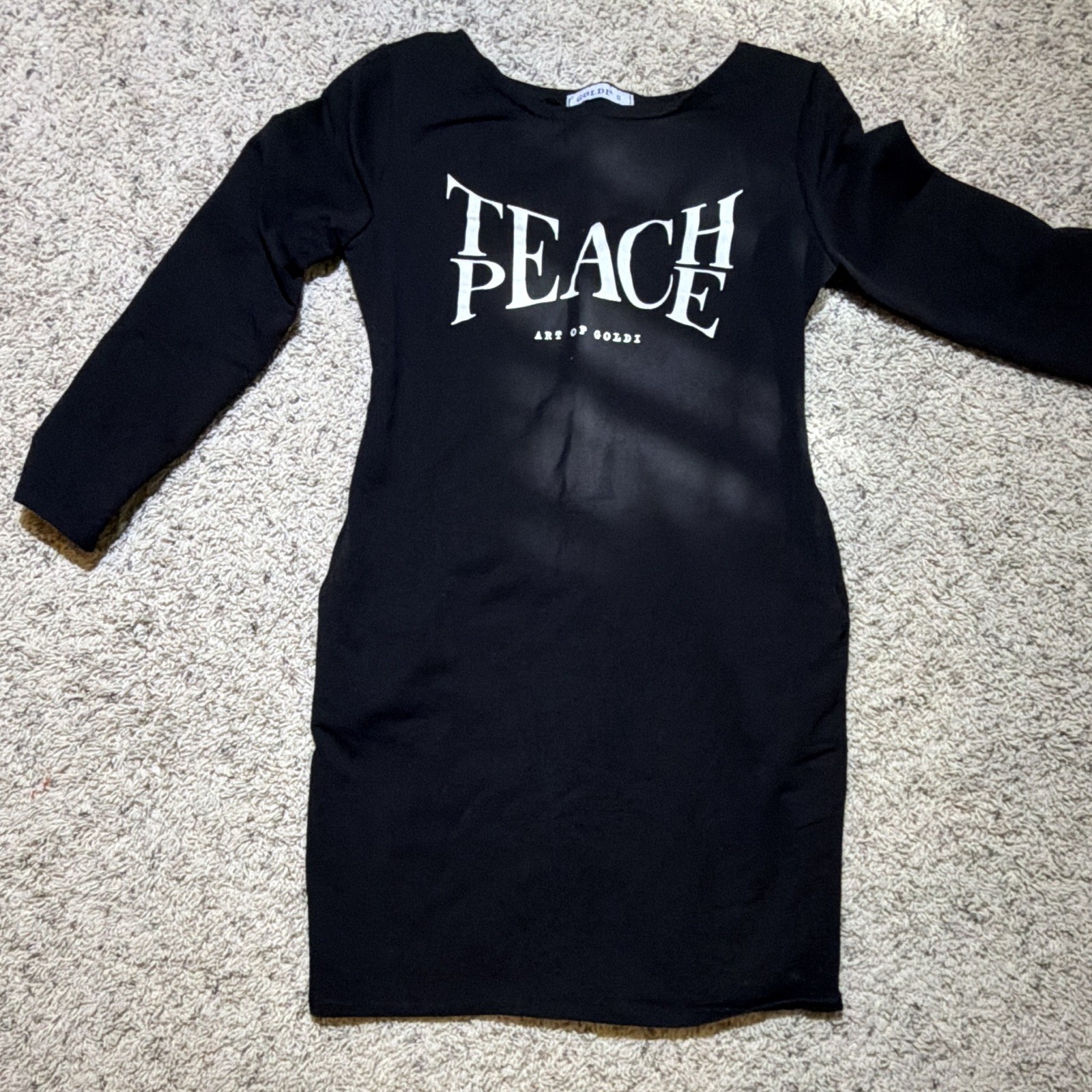 GOLDI’S Black Teach Peace Graphic Bodycon Round Neck Long Sleeve Short Dress S