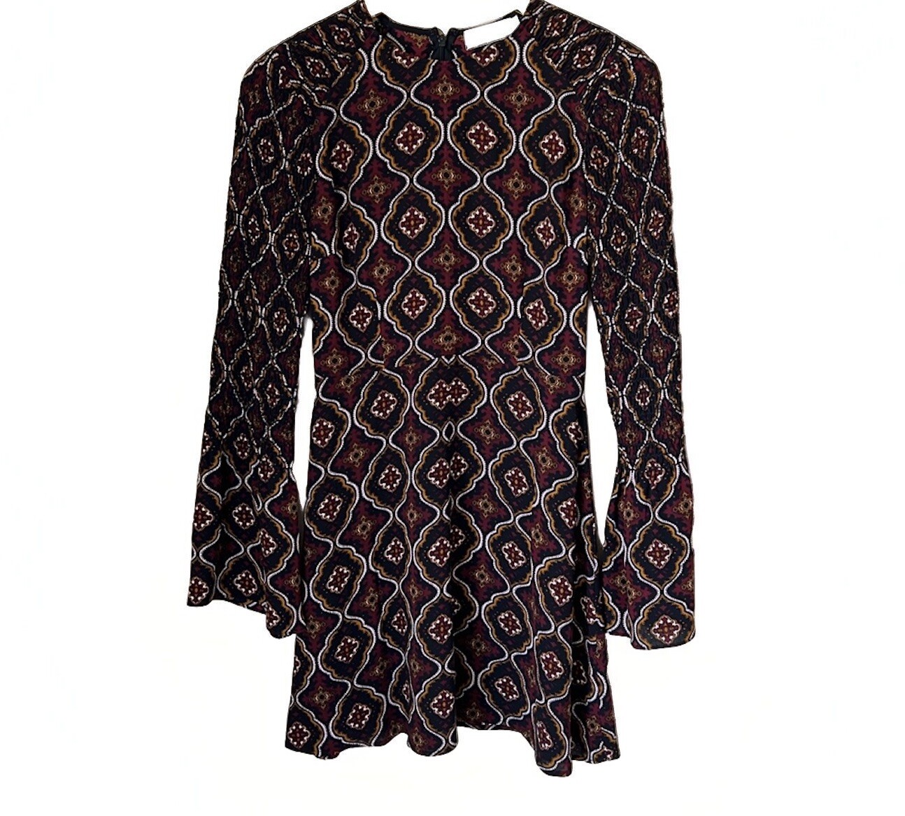 A.L.C Alexa Silk Brown Pattern Bell Sleeve Dress