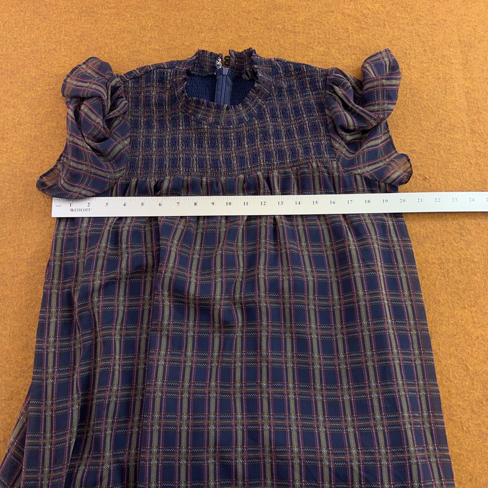 AQUA Womens Large Navy Plaid Smocked Ruffle Mini Dress NWT