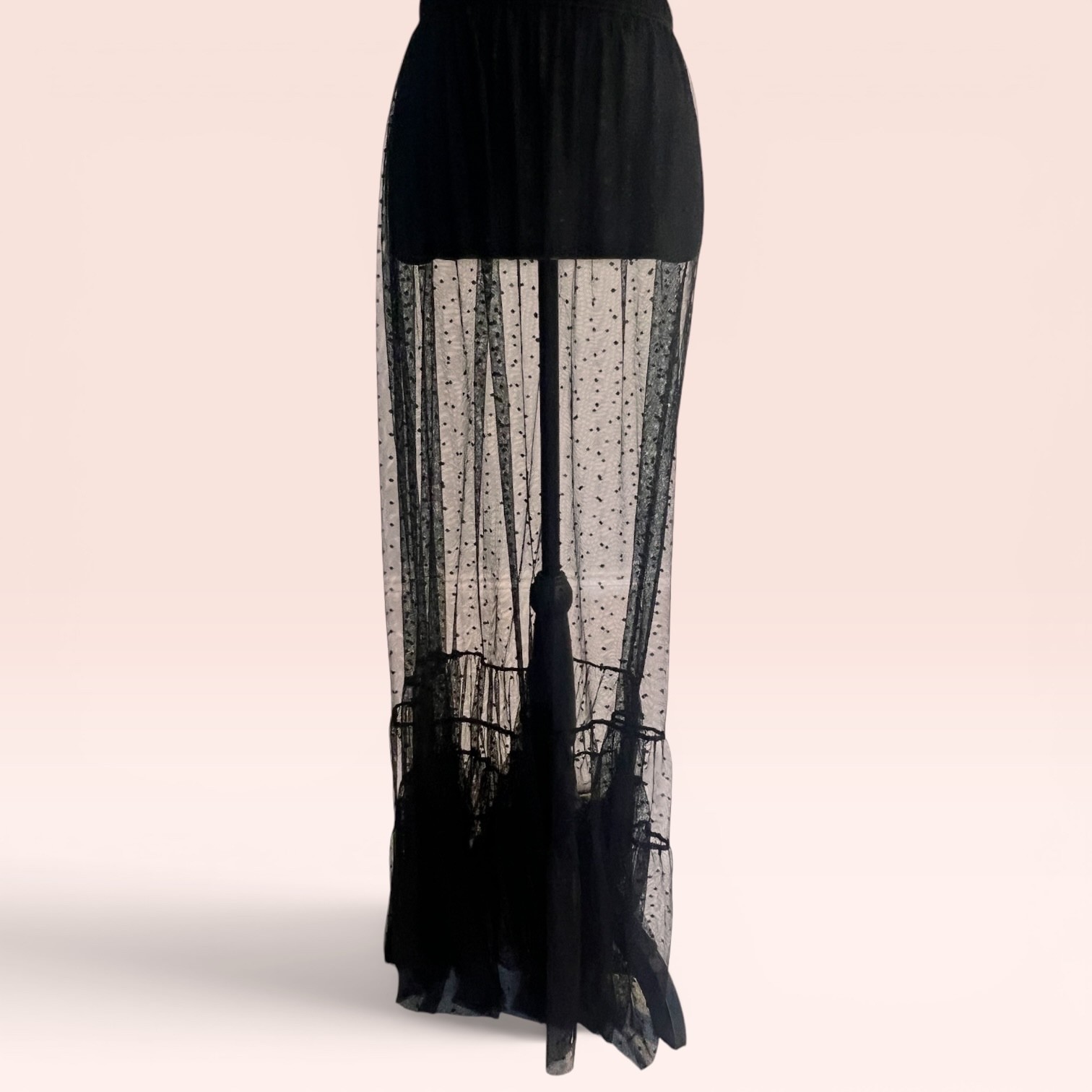 NWT LELIS Sheer Polka Dot Mesh Maxi Dress Black Gothic Tulle Tiered Ruffle USA M
