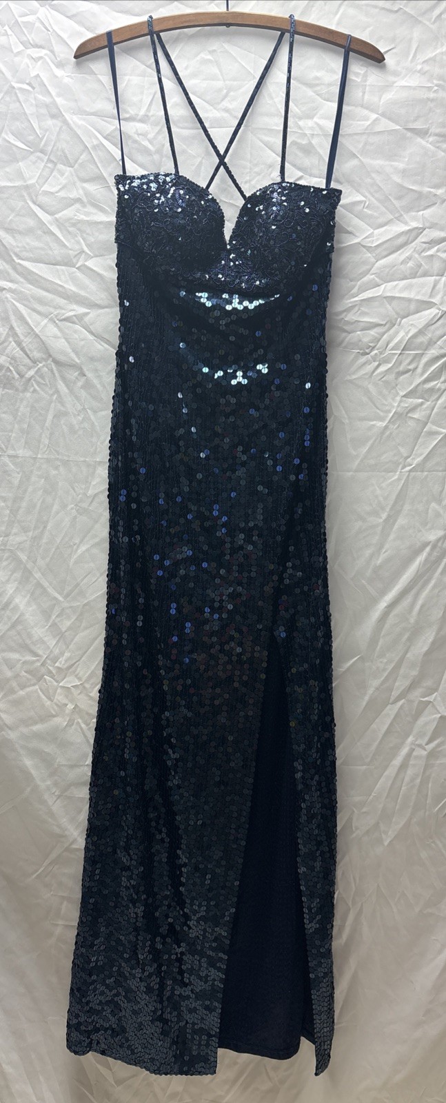 Niteline by Della Roufogali Size 6 Navy Sequin Evening Gown Formal Dress Slit