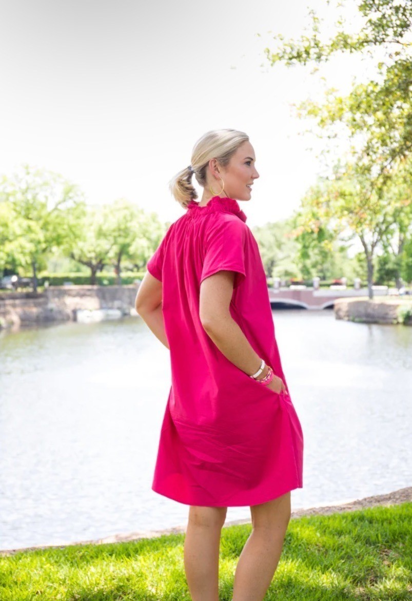 Caryn Lawn Womens Emily Fuchsia Ruffle Neck Poplin Shirt Dress One Size