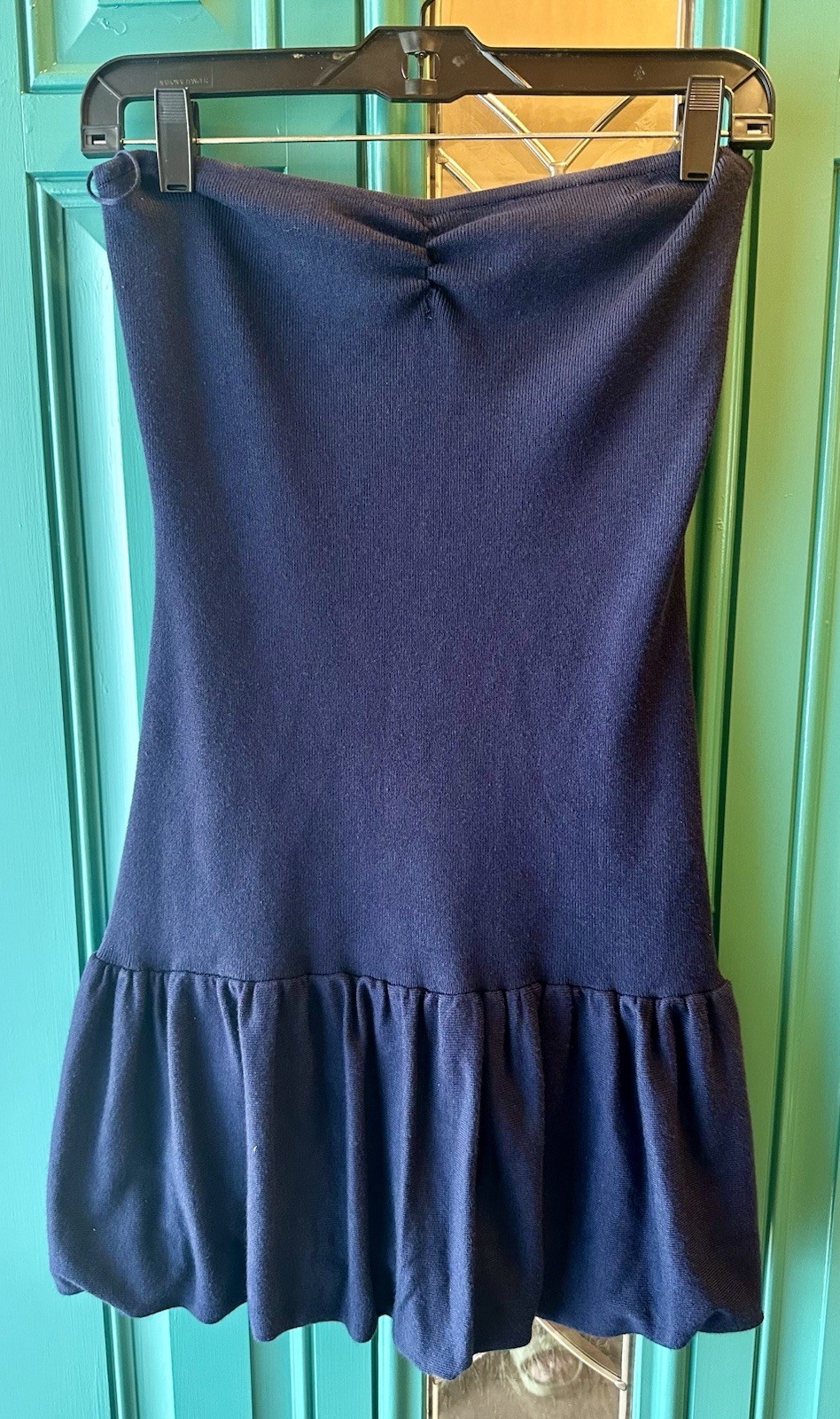 Freshman 1996 Strapless Knit Mini Dress Navy Blue Drop Waist Bubble Hem Size Med