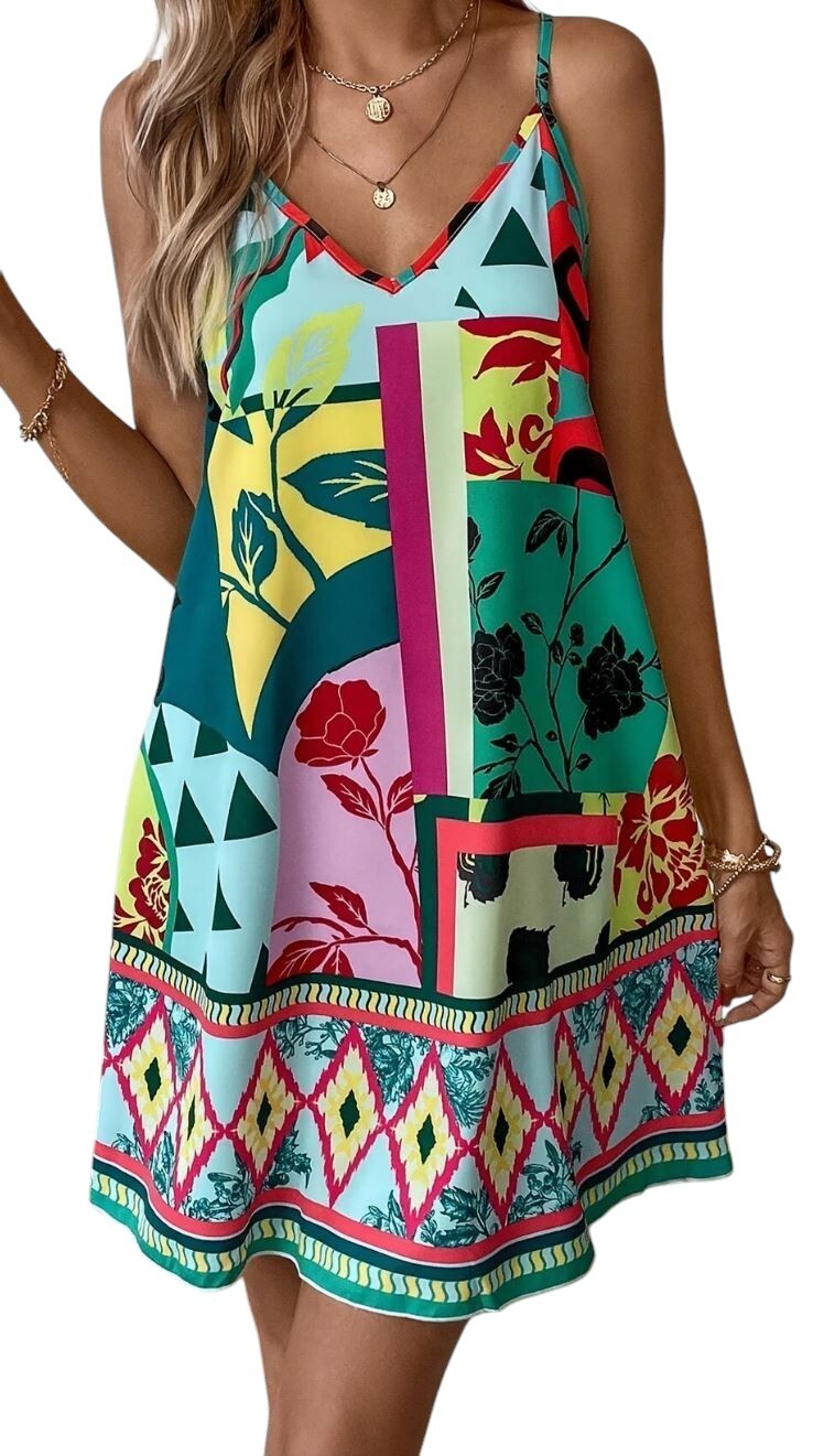NWT Fun Summer Colorful Floral Design Sleeveless Slip Dress Sizes M, L, XL