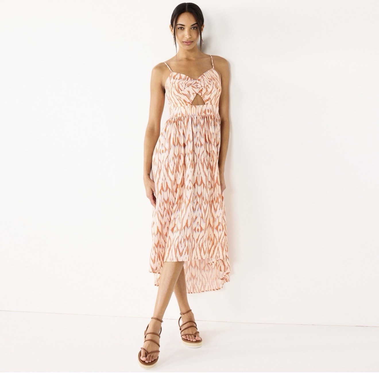 Women’s M Nine West Twist-Front High-Low Ikat Midi Dress Bohemian EUC Summer