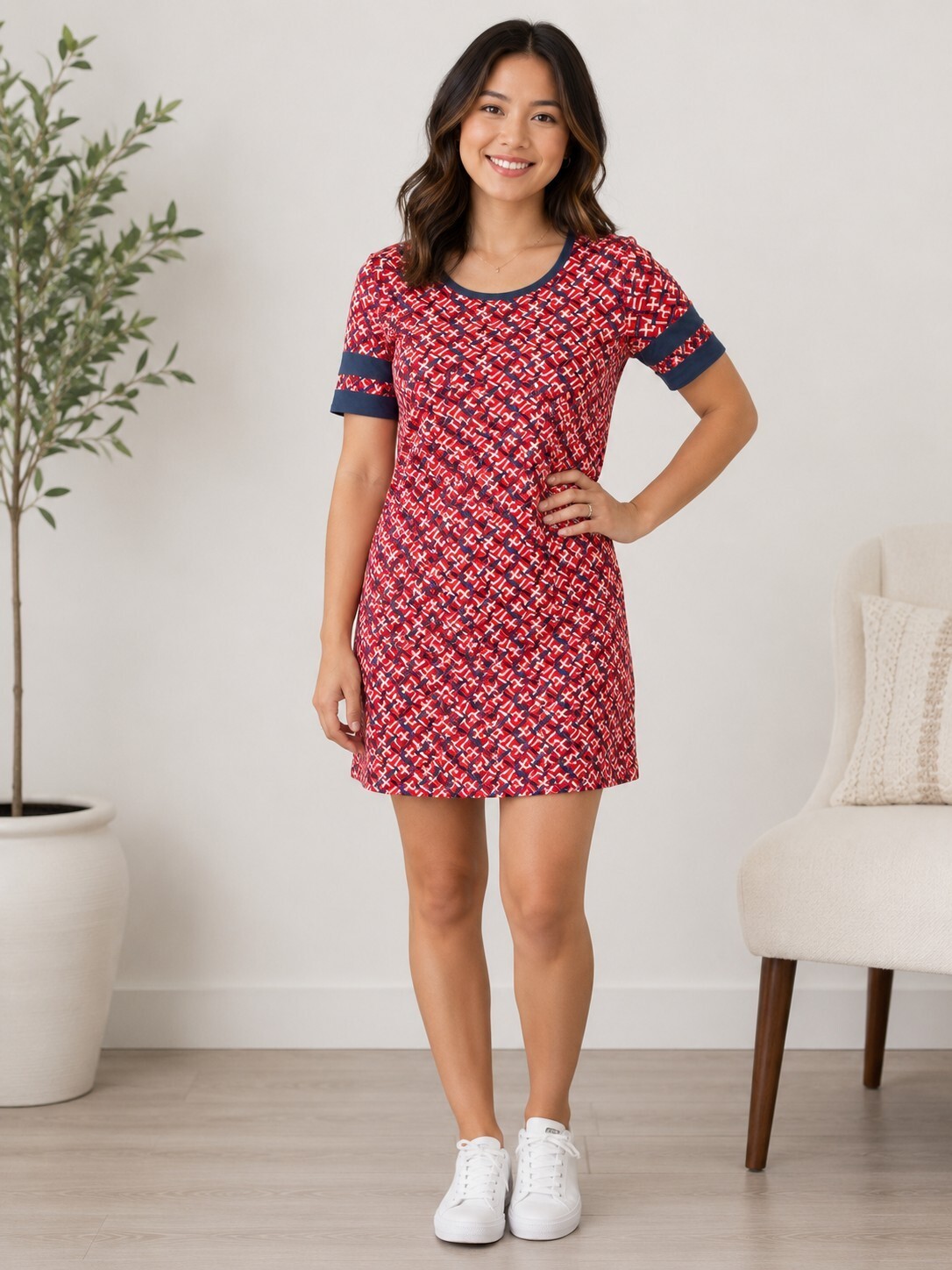 LuLaRoe Julia Dress Women’s XS Red Blue Geometric Sheath Stretch