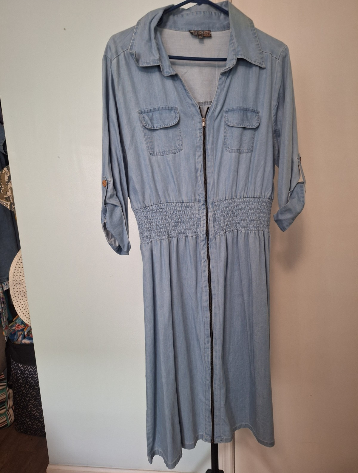 J Gee Denim Look Shirt Dress Zip Front Collared Midi 3/4 Sleeve XL