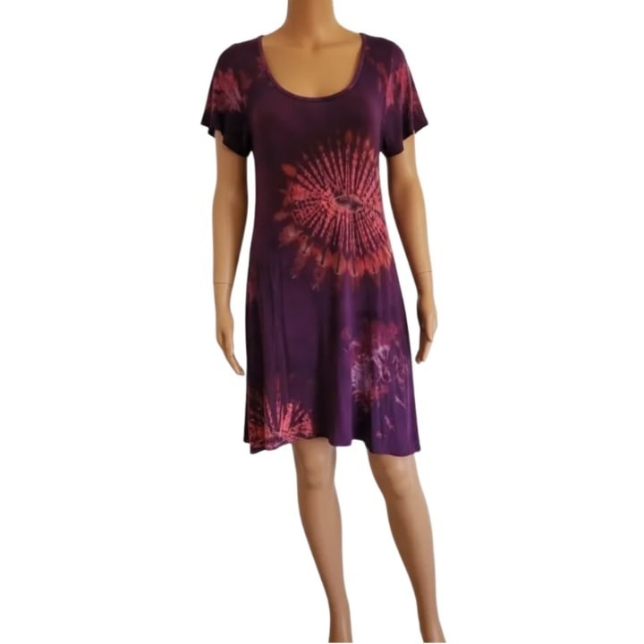 Aloha Fashion Dress Hawaiian Scoop Neck Tie Dye Purples Short Sleeves Medium