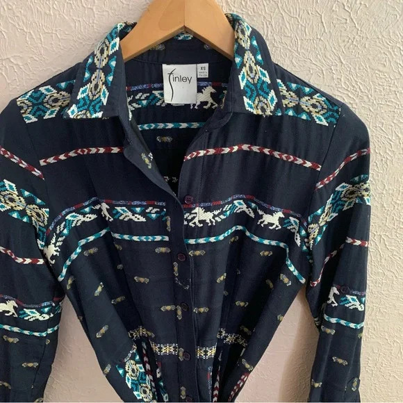 Finley Jeanette Taos in Navy Blue Western Horse Embroidered Shirt Dress XS