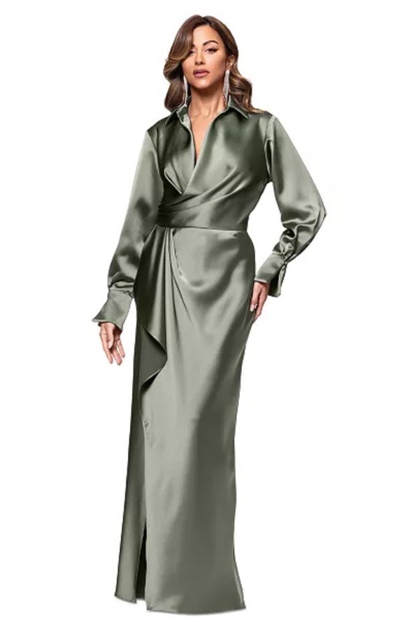 Xscape Satin Shirtdress Gown, Olive, Sz 4, new Without Tag