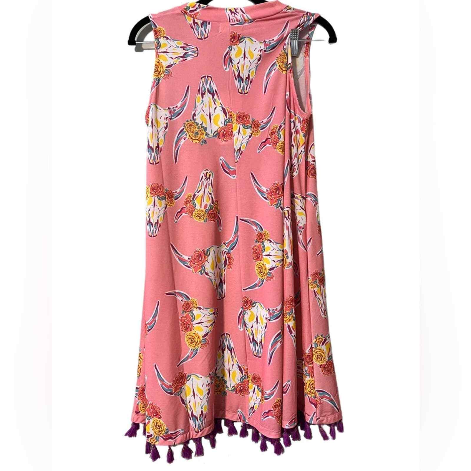 Simply Southern small sleeveless trapeze dress pink cow skulls purple tassels