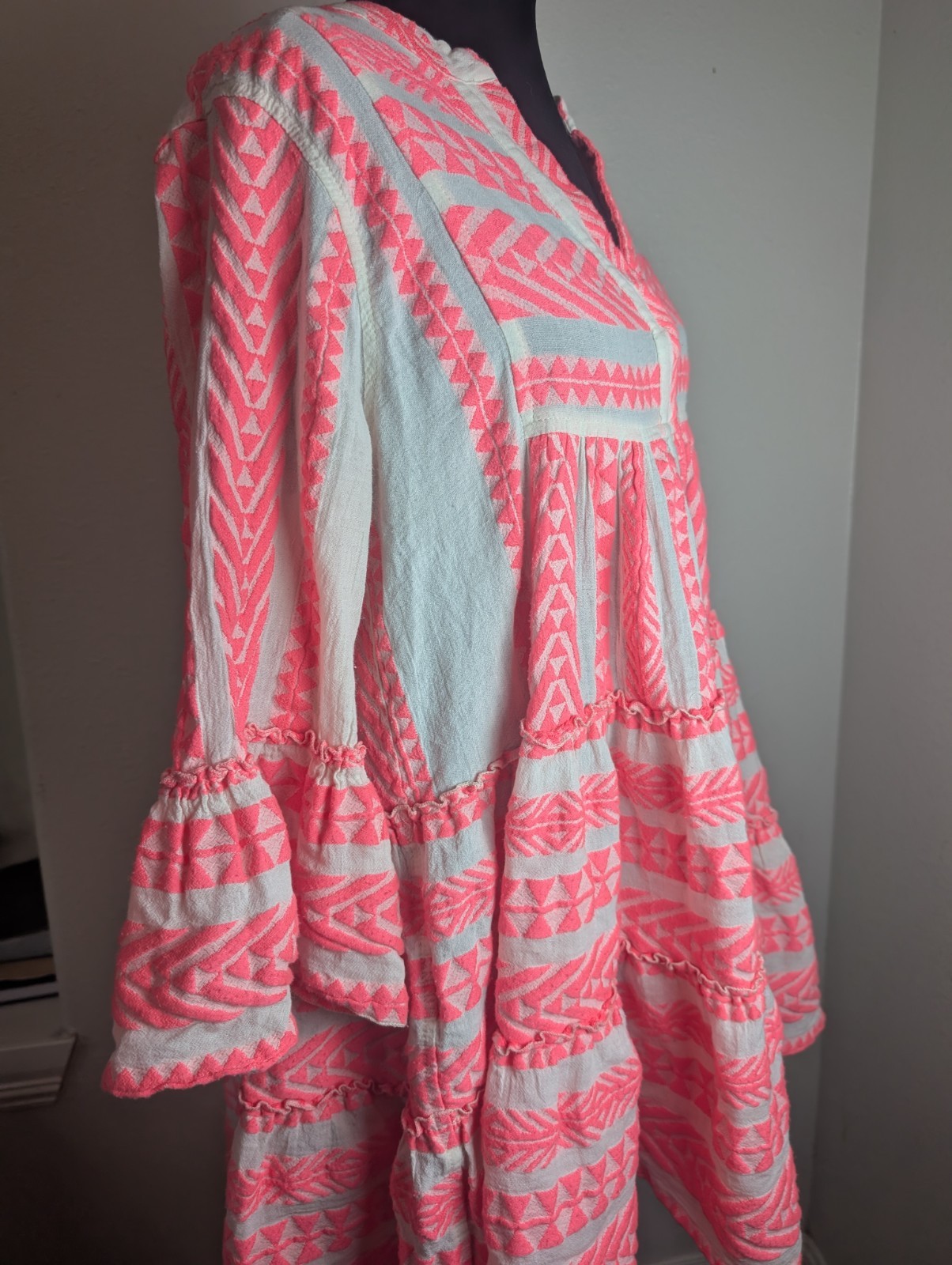 Devotion Twins Neon Pink White Embroidered Boho Tunic Dress Women’s M Greek Mini